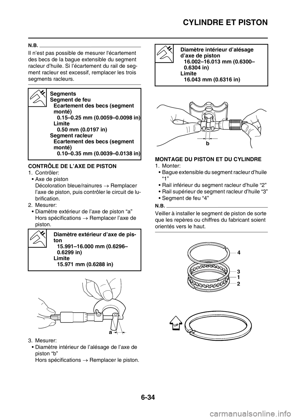 YAMAHA WR 250F 2017  Notices Demploi (in French) CYLINDRE ET PISTON
6-34
N.B.
Il n’est pas possible de mesurer lécartement 
des becs de la bague extensible du segment 
racleur d’huile. Si l’écartement du rail de seg-
ment racleur est excess