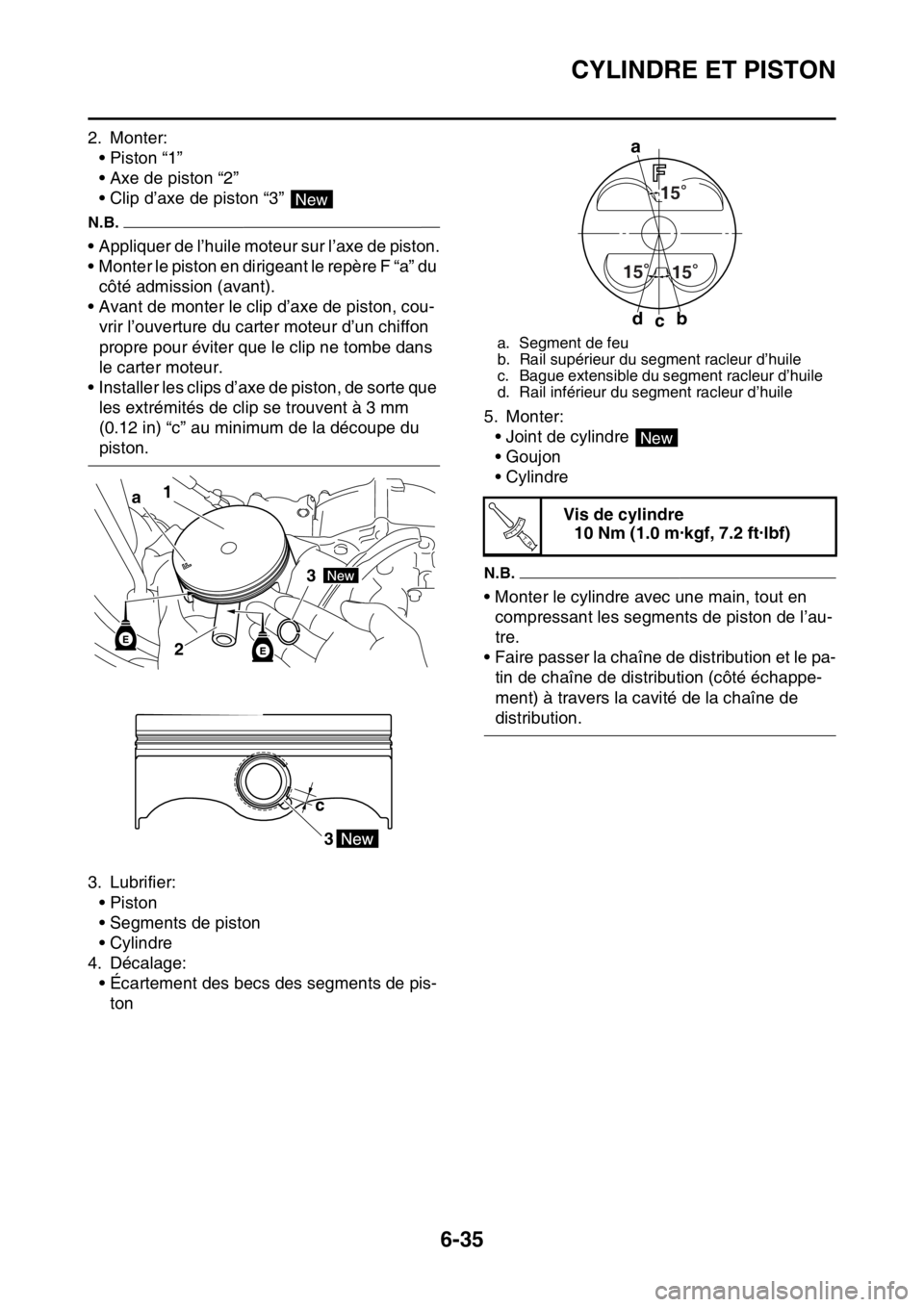 YAMAHA WR 250F 2017  Notices Demploi (in French) CYLINDRE ET PISTON
6-35
2. Monter:
• Piston “1”
• Axe de piston “2”
• Clip d’axe de piston “3” 
N.B.
• Appliquer de l’huile moteur sur l’axe de piston.
• Monter le piston e