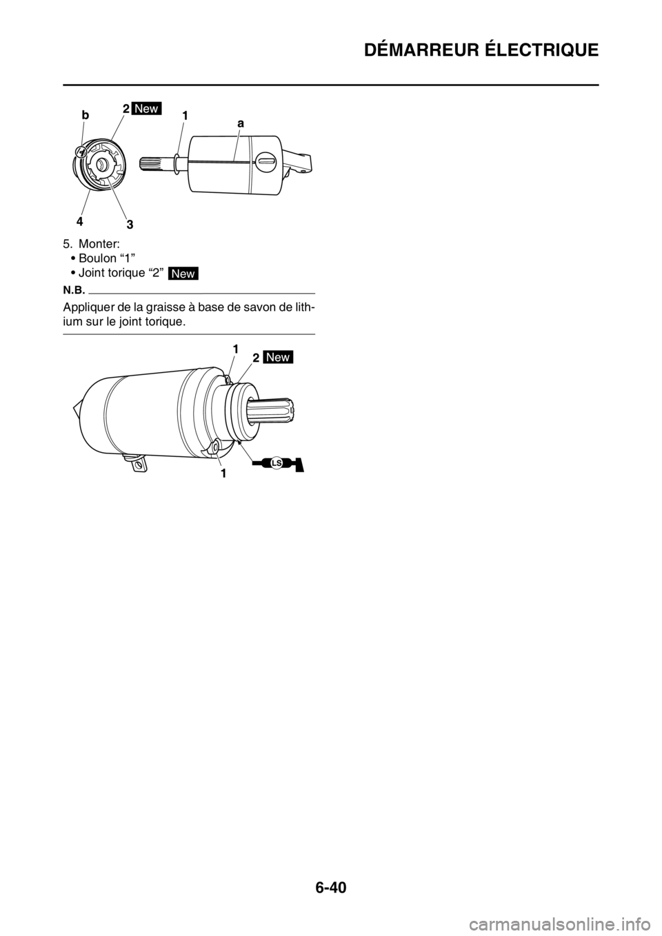 YAMAHA WR 250F 2017  Notices Demploi (in French) DÉMARREUR ÉLECTRIQUE
6-40
5. Monter:
• Boulon “1”
• Joint torique “2” 
N.B.
Appliquer de la graisse à base de savon de lith-
ium sur le joint torique.
New 