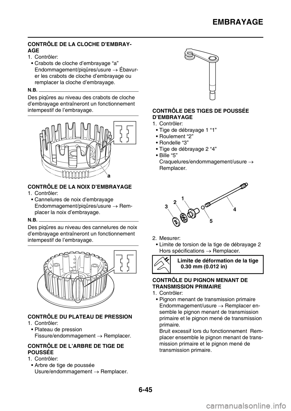 YAMAHA WR 250F 2017  Notices Demploi (in French) EMBRAYAGE
6-45
FAS2GB2272CONTRÔLE DE LA CLOCHE D’EMBRAY-
AGE
1. Contrôler:
• Crabots de cloche d’embrayage “a”
Endommagement/piqûres/usure  Ébavur-
er les crabots de cloche d’embray
