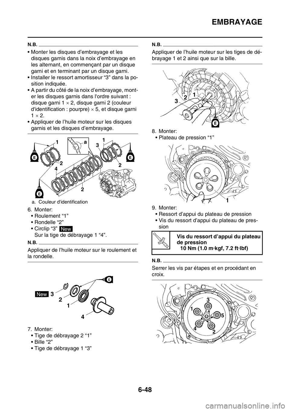 YAMAHA WR 250F 2017  Notices Demploi (in French) EMBRAYAGE
6-48
N.B.
• Monter les disques d’embrayage et les 
disques garnis dans la noix d’embrayage en 
les alternant, en commençant par un disque 
garni et en terminant par un disque garni.
