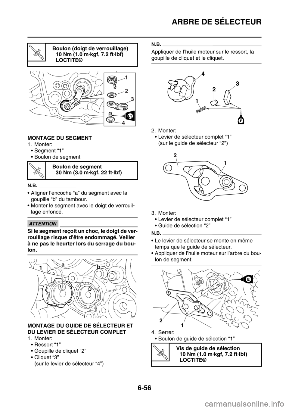 YAMAHA WR 250F 2017  Notices Demploi (in French) ARBRE DE SÉLECTEUR
6-56
FAS2GB2296MONTAGE DU SEGMENT
1. Monter:
• Segment “1”
• Boulon de segment
N.B.
• Aligner l’encoche “a” du segment avec la 
goupille “b” du tambour.
• Mon