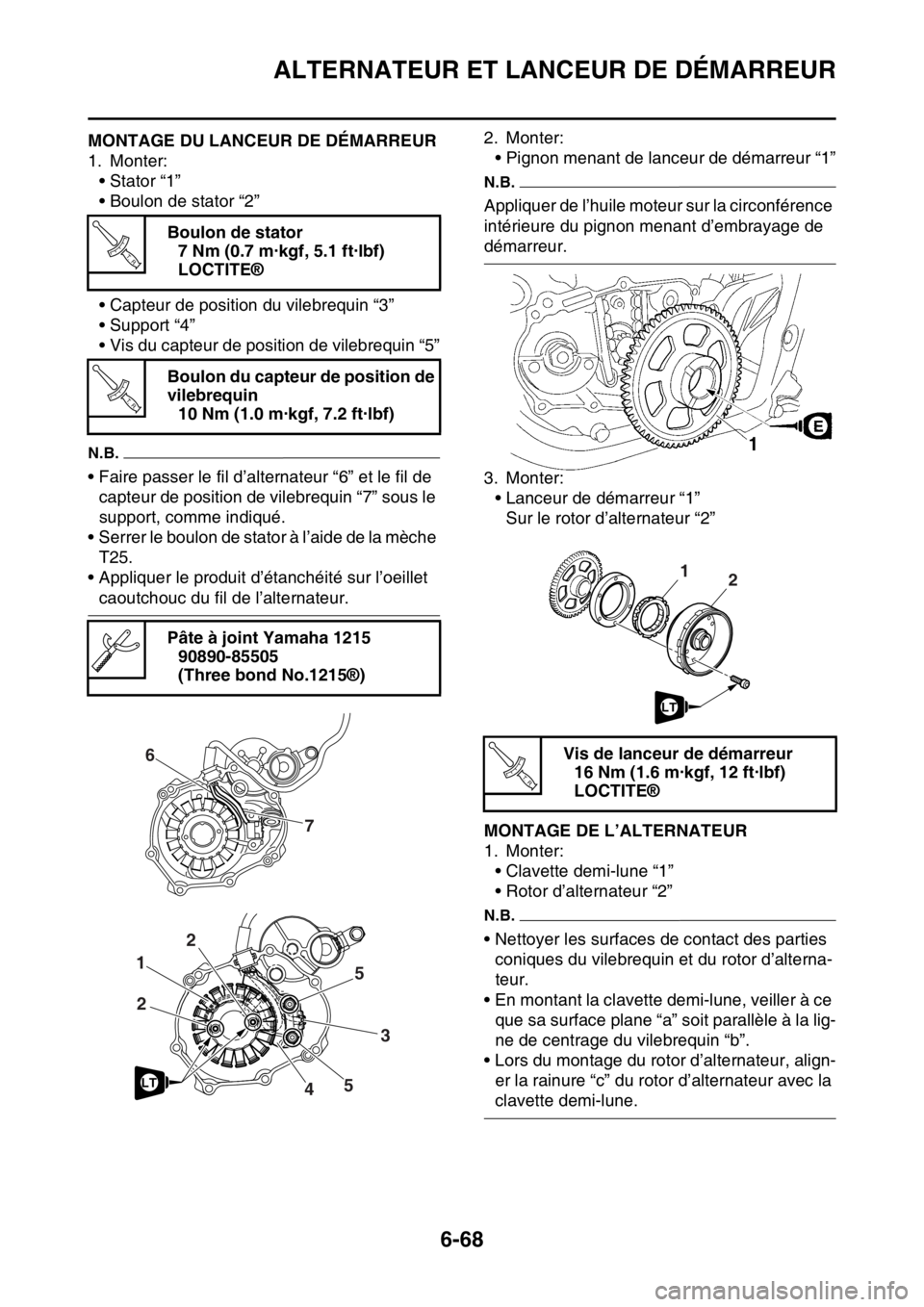 YAMAHA WR 250F 2017  Notices Demploi (in French) ALTERNATEUR ET LANCEUR DE DÉMARREUR
6-68
FAS2GB2310MONTAGE DU LANCEUR DE DÉMARREUR
1. Monter:
• Stator “1”
• Boulon de stator “2”
• Capteur de position du vilebrequin “3”
• Suppo