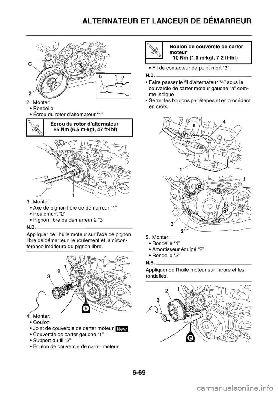 YAMAHA WR 250F 2017  Notices Demploi (in French) ALTERNATEUR ET LANCEUR DE DÉMARREUR
6-69
2. Monter:
• Rondelle
• Écrou du rotor d’alternateur “1”
3. Monter:
• Axe de pignon libre de démarreur “1”
• Roulement “2”
• Pignon 