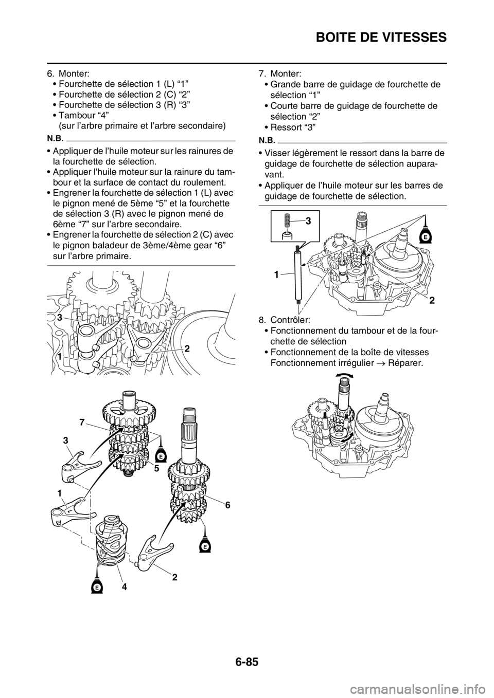 YAMAHA WR 250F 2017  Notices Demploi (in French) BOITE DE VITESSES
6-85
6. Monter:
• Fourchette de sélection 1 (L) “1”
• Fourchette de sélection 2 (C) “2”
• Fourchette de sélection 3 (R) “3”
• Tambour “4”
(sur l’arbre pr