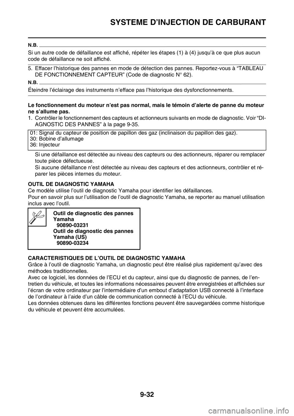 YAMAHA WR 250F 2017  Notices Demploi (in French) SYSTEME D’INJECTION DE CARBURANT
9-32
N.B.
Si un autre code de défaillance est affiché, répéter les étapes (1) à (4) jusqu’à ce que plus aucun 
code de défaillance ne soit affiché.
5. Eff