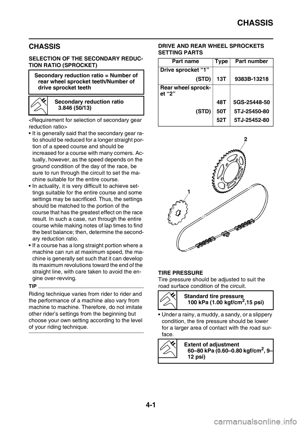 YAMAHA WR 250F 2016 Owners Manual CHASSIS
4-1
EAS2GB7136
CHASSIS
EAS2GB7137SELECTION OF THE SECONDARY REDUC-
TION RATIO (SPROCKET)
<Requirement for selection of secondary gear
reduction ratio>
• It is generally said that the second YAMAHA WR 250F 2016 Owners Manual CHASSIS
4-1
EAS2GB7136
CHASSIS
EAS2GB7137SELECTION OF THE SECONDARY REDUC-
TION RATIO (SPROCKET)
<Requirement for selection of secondary gear
reduction ratio>
• It is generally said that the second