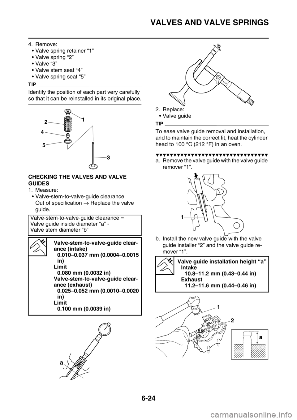 YAMAHA WR 250F 2016 Owners Manual VALVES AND VALVE SPRINGS
6-24
4. Remove:
• Valve spring retainer “1”
• Valve spring “2”
•Valve “3”
• Valve stem seat “4”
• Valve spring seat “5”
TIP
Identify the position YAMAHA WR 250F 2016 Owners Manual VALVES AND VALVE SPRINGS
6-24
4. Remove:
• Valve spring retainer “1”
• Valve spring “2”
•Valve “3”
• Valve stem seat “4”
• Valve spring seat “5”
TIP
Identify the position