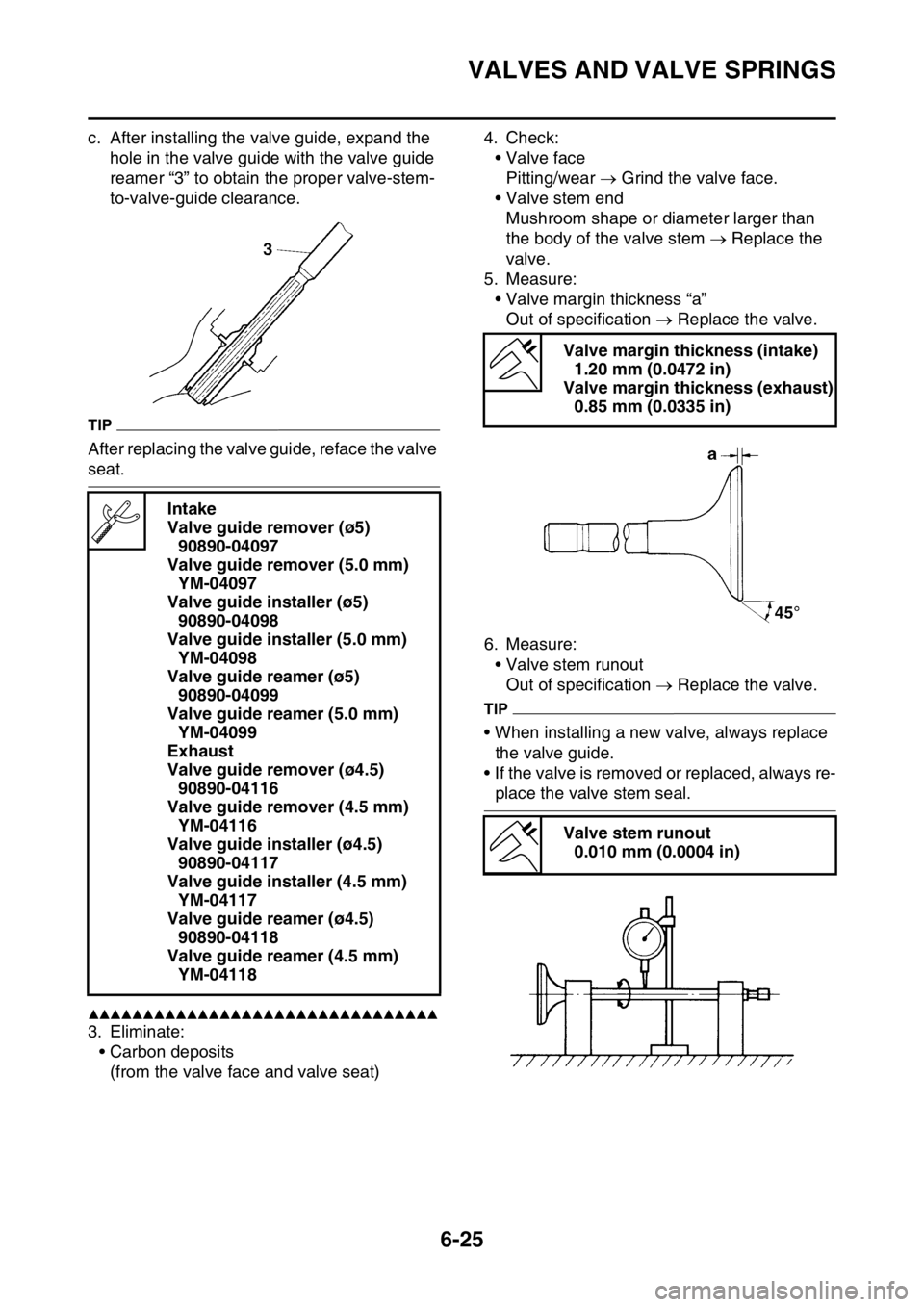 YAMAHA WR 250F 2016 Owners Manual VALVES AND VALVE SPRINGS
6-25
c. After installing the valve guide, expand the
hole in the valve guide with the valve guide
reamer “3” to obtain the proper valve-stem-
to-valve-guide clearance.
T YAMAHA WR 250F 2016 Owners Manual VALVES AND VALVE SPRINGS
6-25
c. After installing the valve guide, expand the
hole in the valve guide with the valve guide
reamer “3” to obtain the proper valve-stem-
to-valve-guide clearance.
T