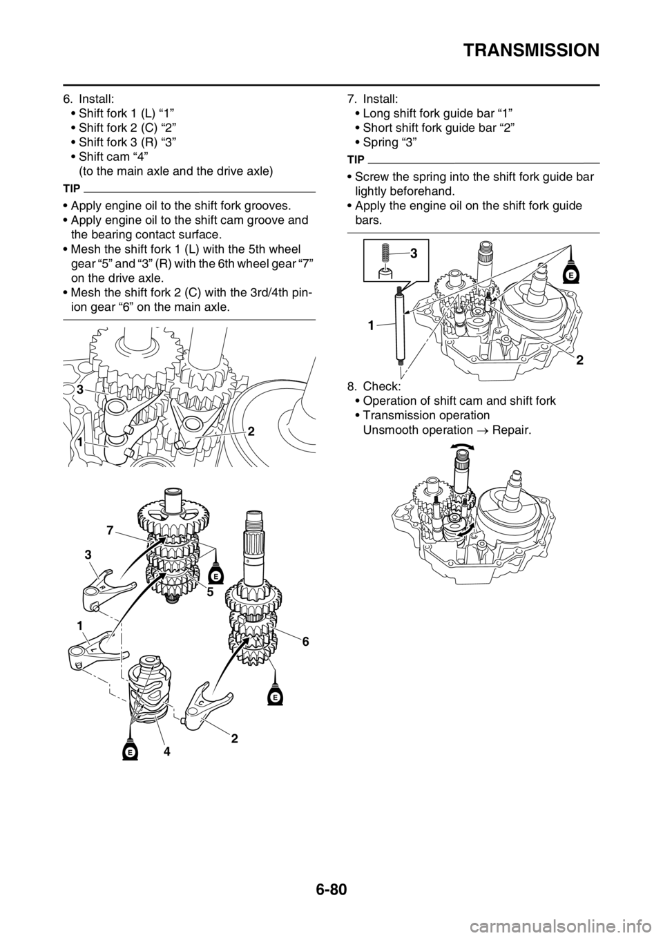 YAMAHA WR 250F 2016 Owners Manual TRANSMISSION
6-80
6. Install:
• Shift fork 1 (L) “1”
• Shift fork 2 (C) “2”
• Shift fork 3 (R) “3”
• Shift cam “4”
(to the main axle and the drive axle)
TIP
• Apply engine oi YAMAHA WR 250F 2016 Owners Manual TRANSMISSION
6-80
6. Install:
• Shift fork 1 (L) “1”
• Shift fork 2 (C) “2”
• Shift fork 3 (R) “3”
• Shift cam “4”
(to the main axle and the drive axle)
TIP
• Apply engine oi