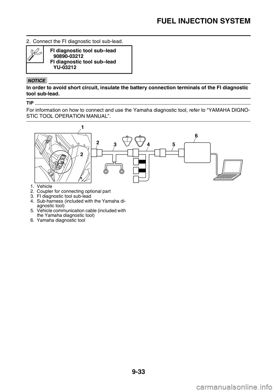 YAMAHA WR 250F 2016 Owners Manual FUEL INJECTION SYSTEM
9-33
2. Connect the FI diagnostic tool sub-lead.
ECA
NOTICE
In order to avoid short circuit, insulate the battery connection terminals of the FI diagnostic
tool sub-lead.
TIP
Fo YAMAHA WR 250F 2016 Owners Manual FUEL INJECTION SYSTEM
9-33
2. Connect the FI diagnostic tool sub-lead.
ECA
NOTICE
In order to avoid short circuit, insulate the battery connection terminals of the FI diagnostic
tool sub-lead.
TIP
Fo