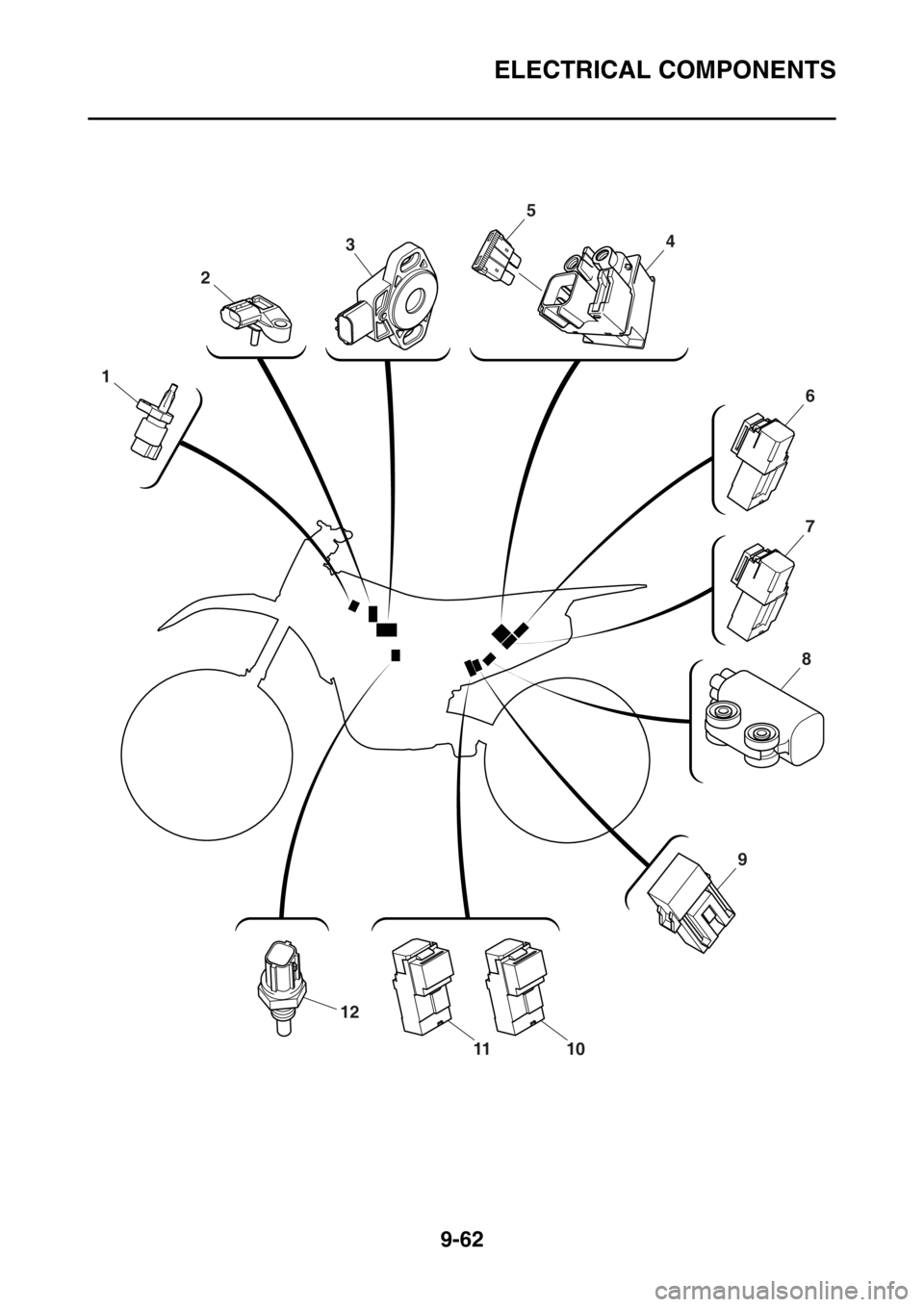 YAMAHA WR 250F 2016  Owners Manual ELECTRICAL COMPONENTS
9-62
12
1110
2
3
1
6
7
4
5
8
9 