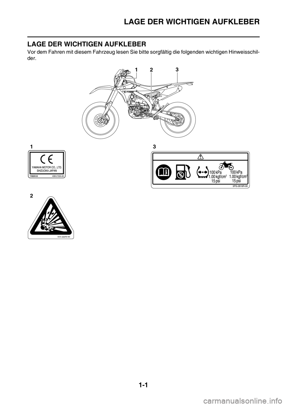 YAMAHA WR 250F 2016 Betriebsanleitungen (in German) LAGE DER WICHTIGEN AUFKLEBER
1-1
GAS2GB3008
LAGE DER WICHTIGEN AUFKLEBER
Vor dem Fahren mit diesem Fahrzeug lesen Sie bitte sorgfältig die folgenden wichtigen Hinweisschil-
der.
3
2 1
3
1
2 YAMAHA WR 250F 2016 Betriebsanleitungen (in German) LAGE DER WICHTIGEN AUFKLEBER
1-1
GAS2GB3008
LAGE DER WICHTIGEN AUFKLEBER
Vor dem Fahren mit diesem Fahrzeug lesen Sie bitte sorgfältig die folgenden wichtigen Hinweisschil-
der.
3
2 1
3
1
2