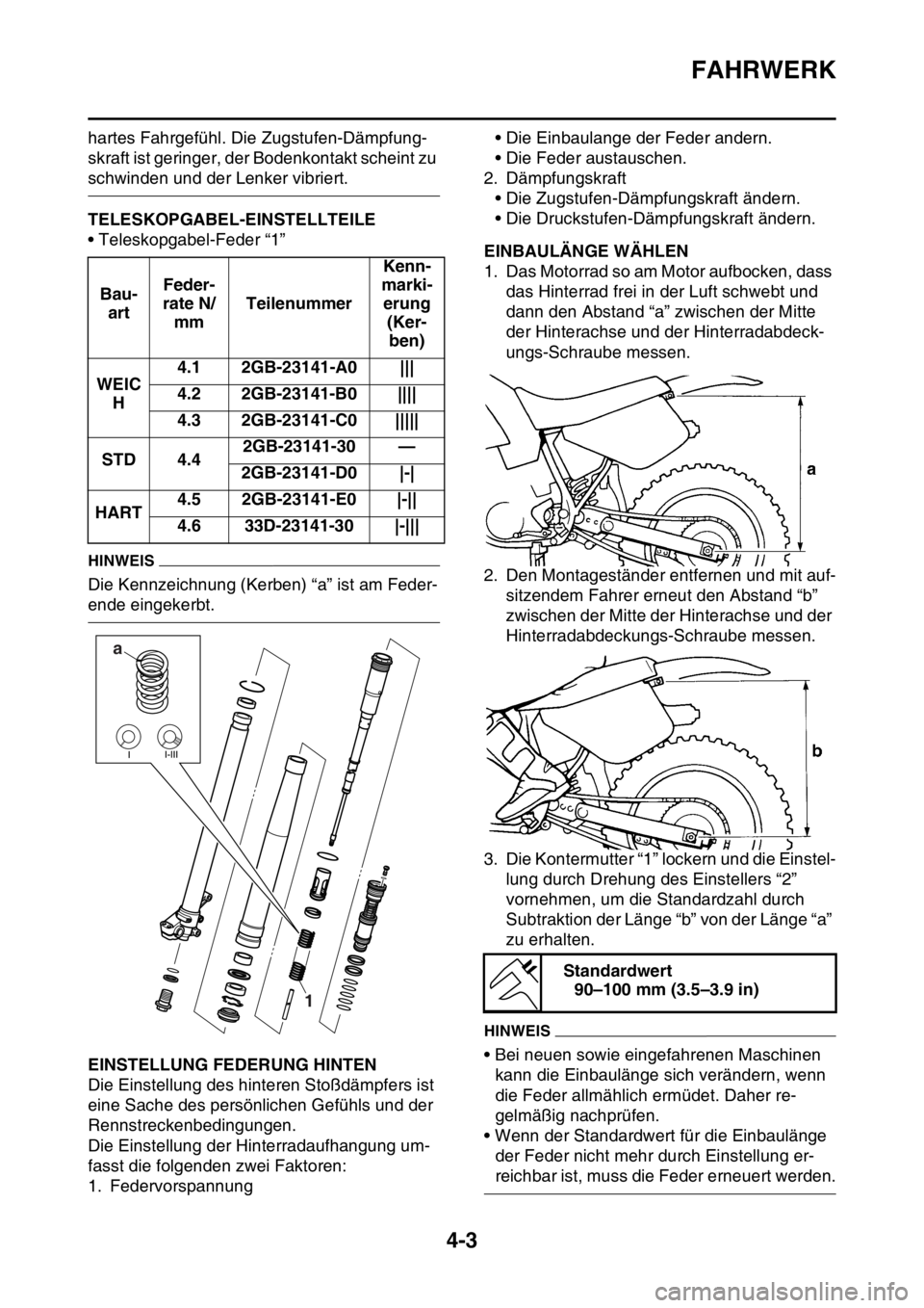 YAMAHA WR 250F 2016  Betriebsanleitungen (in German) FAHRWERK
4-3
hartes Fahrgefühl. Die Zugstufen-Dämpfung-
skraft ist geringer, der Bodenkontakt scheint zu 
schwinden und der Lenker vibriert.
GAS2GB3145TELESKOPGABEL-EINSTELLTEILE
• Teleskopgabel-F