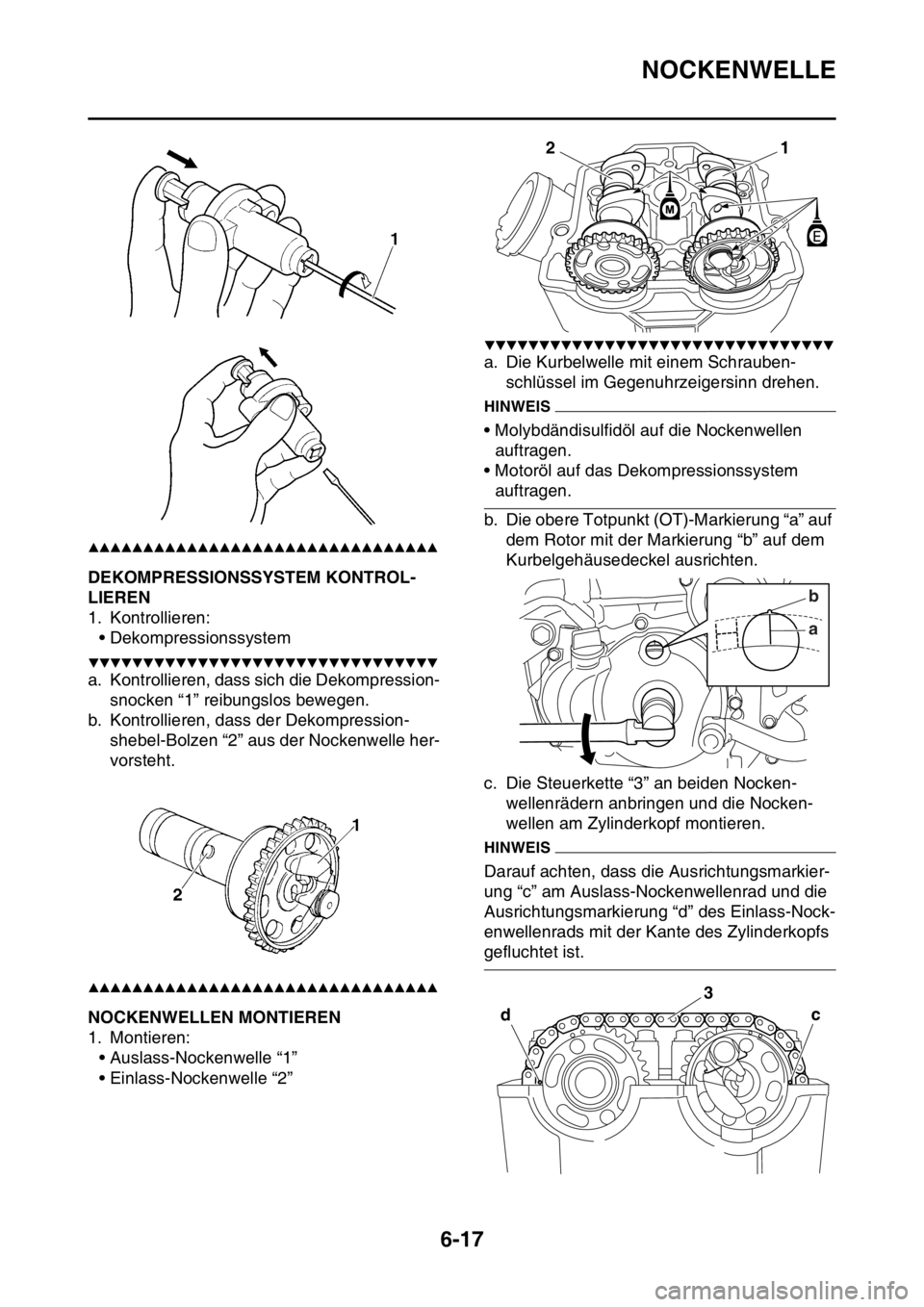 YAMAHA WR 250F 2016 Betriebsanleitungen (in German) NOCKENWELLE
6-17
▲▲▲▲▲▲▲▲▲▲▲▲▲▲▲▲▲▲▲▲▲▲▲▲▲▲▲▲▲▲▲▲
GAS2GB3244DEKOMPRESSIONSSYSTEM KONTROL-
LIEREN
1. Kontrollieren:
• Dekompressionssys YAMAHA WR 250F 2016 Betriebsanleitungen (in German) NOCKENWELLE
6-17
▲▲▲▲▲▲▲▲▲▲▲▲▲▲▲▲▲▲▲▲▲▲▲▲▲▲▲▲▲▲▲▲
GAS2GB3244DEKOMPRESSIONSSYSTEM KONTROL-
LIEREN
1. Kontrollieren:
• Dekompressionssys