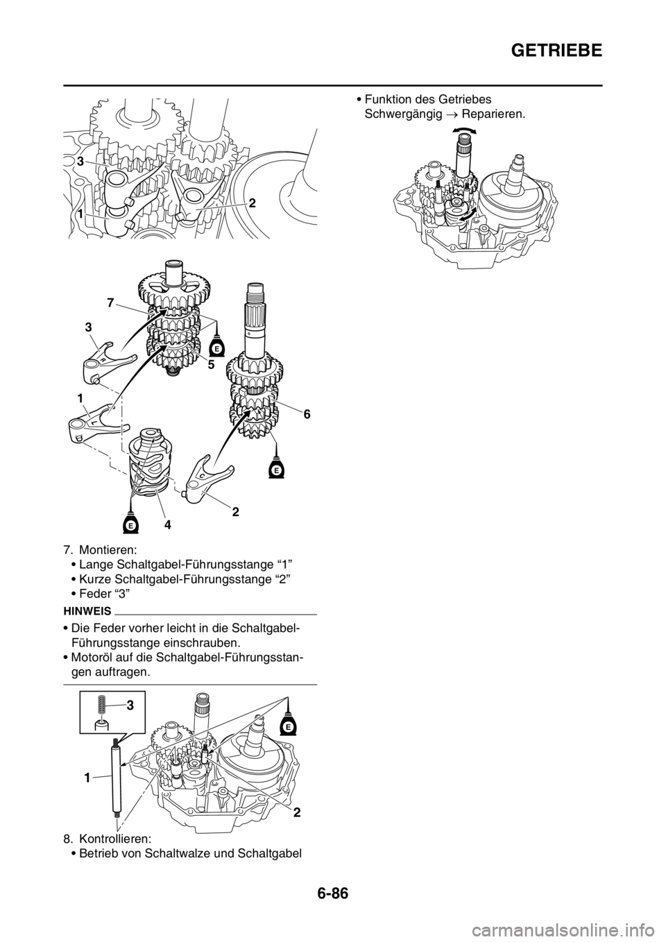 YAMAHA WR 250F 2016  Betriebsanleitungen (in German) GETRIEBE
6-86
7. Montieren:
• Lange Schaltgabel-Führungsstange “1”
• Kurze Schaltgabel-Führungsstange “2”
• Feder “3”
HINWEIS
• Die Feder vorher leicht in die Schaltgabel-
Führu