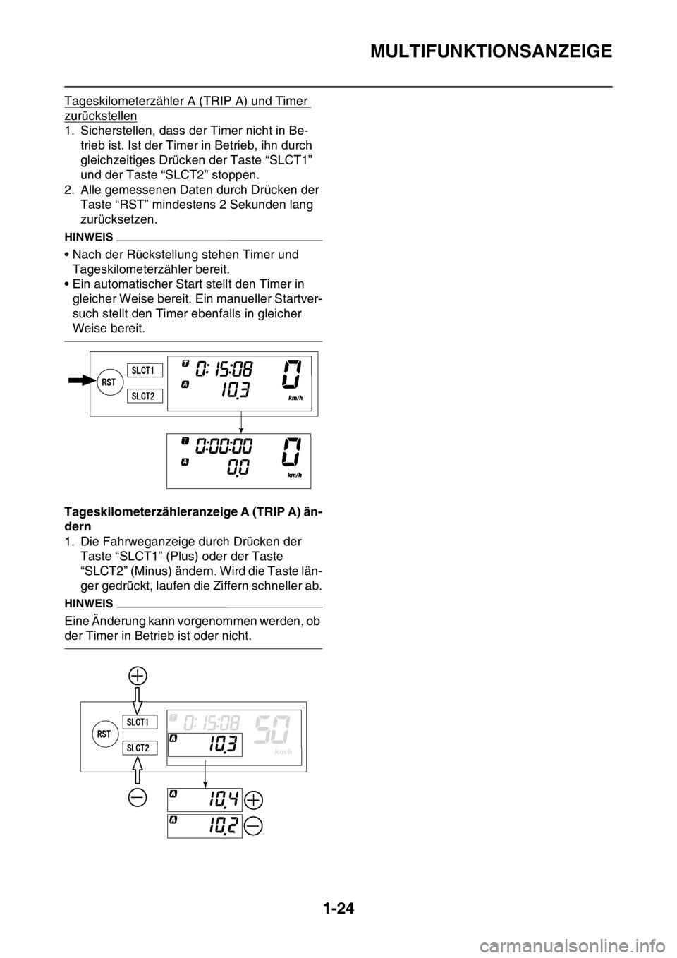 YAMAHA WR 250F 2016  Betriebsanleitungen (in German) MULTIFUNKTIONSANZEIGE
1-24
Tageskilometerzähler A (TRIP A) und Timer 
zurückstellen
1. Sicherstellen, dass der Timer nicht in Be-
trieb ist. Ist der Timer in Betrieb, ihn durch 
gleichzeitiges Drüc