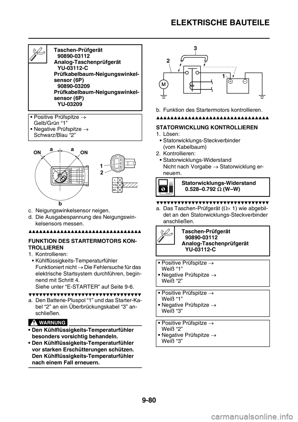 YAMAHA WR 250F 2016 Betriebsanleitungen (in German) ELEKTRISCHE BAUTEILE
9-80
c. Neigungswinkelsensor neigen.
d. Die Ausgabespannung des Neigungswin-
kelsensors messen.
▲▲▲▲▲▲▲▲▲▲▲▲▲▲▲▲▲▲▲▲▲▲▲▲▲▲▲ YAMAHA WR 250F 2016 Betriebsanleitungen (in German) ELEKTRISCHE BAUTEILE
9-80
c. Neigungswinkelsensor neigen.
d. Die Ausgabespannung des Neigungswin-
kelsensors messen.
▲▲▲▲▲▲▲▲▲▲▲▲▲▲▲▲▲▲▲▲▲▲▲▲▲▲▲