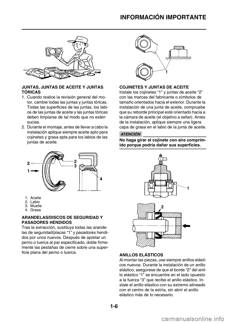 YAMAHA WR 250F 2016 Manuale de Empleo (in Spanish) INFORMACIÓN IMPORTANTE
1-6
SAS2GB3024JUNTAS, JUNTAS DE ACEITE Y JUNTAS
TÓRICAS
1. Cuando realice la revisión general del mo-
tor, cambie todas las juntas y juntas tóricas.
Todas las superficies YAMAHA WR 250F 2016 Manuale de Empleo (in Spanish) INFORMACIÓN IMPORTANTE
1-6
SAS2GB3024JUNTAS, JUNTAS DE ACEITE Y JUNTAS
TÓRICAS
1. Cuando realice la revisión general del mo-
tor, cambie todas las juntas y juntas tóricas.
Todas las superficies