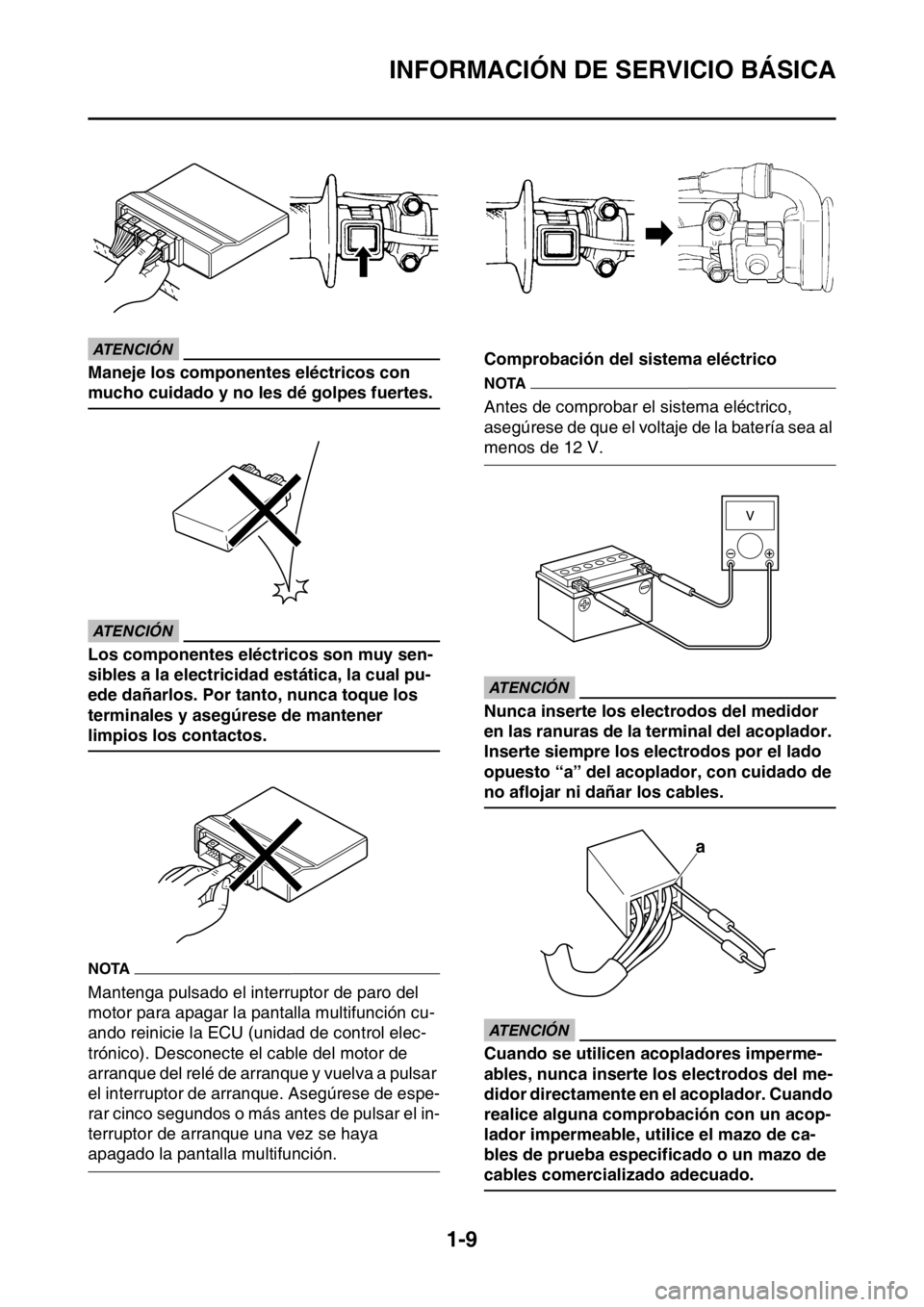 YAMAHA WR 250F 2016 Manuale de Empleo (in Spanish) INFORMACIÓN DE SERVICIO BÁSICA
1-9
ECA
ATENCIÓN
Maneje los componentes eléctricos con
mucho cuidado y no les dé golpes fuertes.
ECA
ATENCIÓN
Los componentes eléctricos son muy sen-
sibles a YAMAHA WR 250F 2016 Manuale de Empleo (in Spanish) INFORMACIÓN DE SERVICIO BÁSICA
1-9
ECA
ATENCIÓN
Maneje los componentes eléctricos con
mucho cuidado y no les dé golpes fuertes.
ECA
ATENCIÓN
Los componentes eléctricos son muy sen-
sibles a
