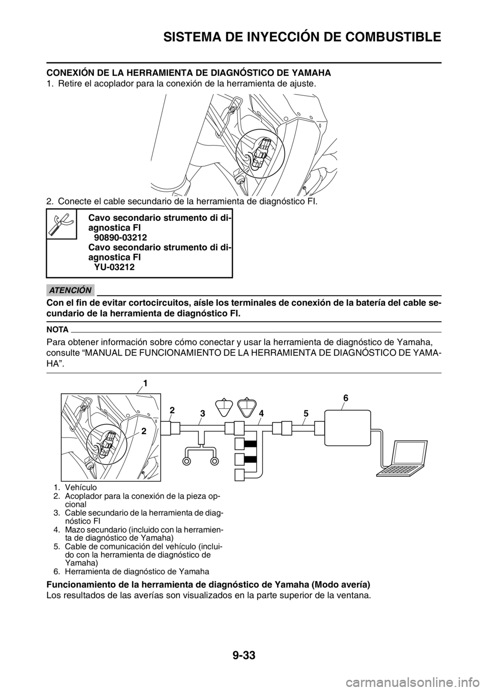 YAMAHA WR 250F 2016 Manuale de Empleo (in Spanish) SISTEMA DE INYECCIÓN DE COMBUSTIBLE
9-33
CONEXIÓN DE LA HERRAMIENTA DE DIAGNÓSTICO DE YAMAHA
1. Retire el acoplador para la conexión de la herramienta de ajuste.
2. Conecte el cable secundario de YAMAHA WR 250F 2016 Manuale de Empleo (in Spanish) SISTEMA DE INYECCIÓN DE COMBUSTIBLE
9-33
CONEXIÓN DE LA HERRAMIENTA DE DIAGNÓSTICO DE YAMAHA
1. Retire el acoplador para la conexión de la herramienta de ajuste.
2. Conecte el cable secundario de