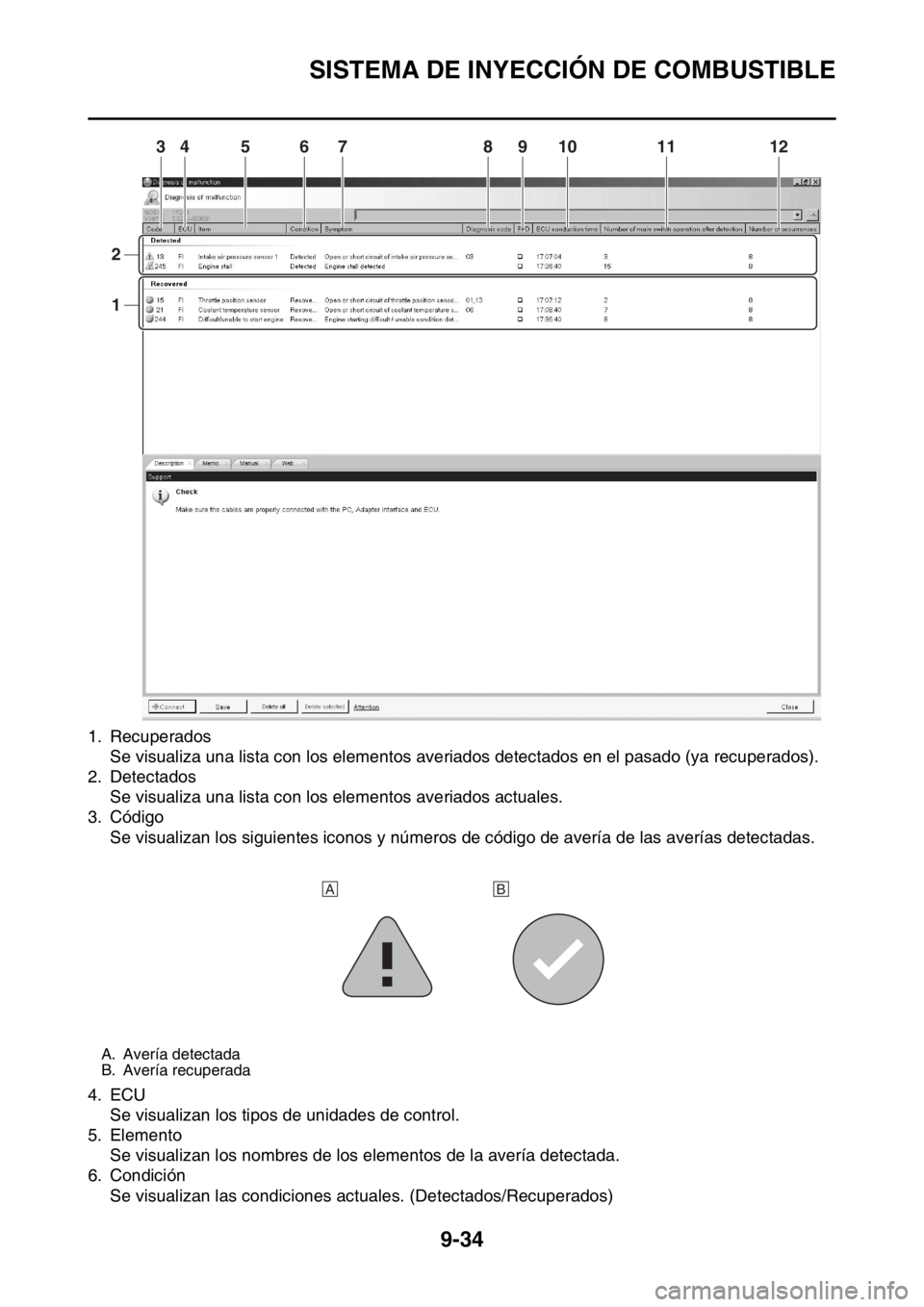YAMAHA WR 250F 2016 Manuale de Empleo (in Spanish) SISTEMA DE INYECCIÓN DE COMBUSTIBLE
9-34
1. Recuperados
Se visualiza una lista con los elementos averiados detectados en el pasado (ya recuperados).
2. Detectados
Se visualiza una lista con los eleme YAMAHA WR 250F 2016 Manuale de Empleo (in Spanish) SISTEMA DE INYECCIÓN DE COMBUSTIBLE
9-34
1. Recuperados
Se visualiza una lista con los elementos averiados detectados en el pasado (ya recuperados).
2. Detectados
Se visualiza una lista con los eleme