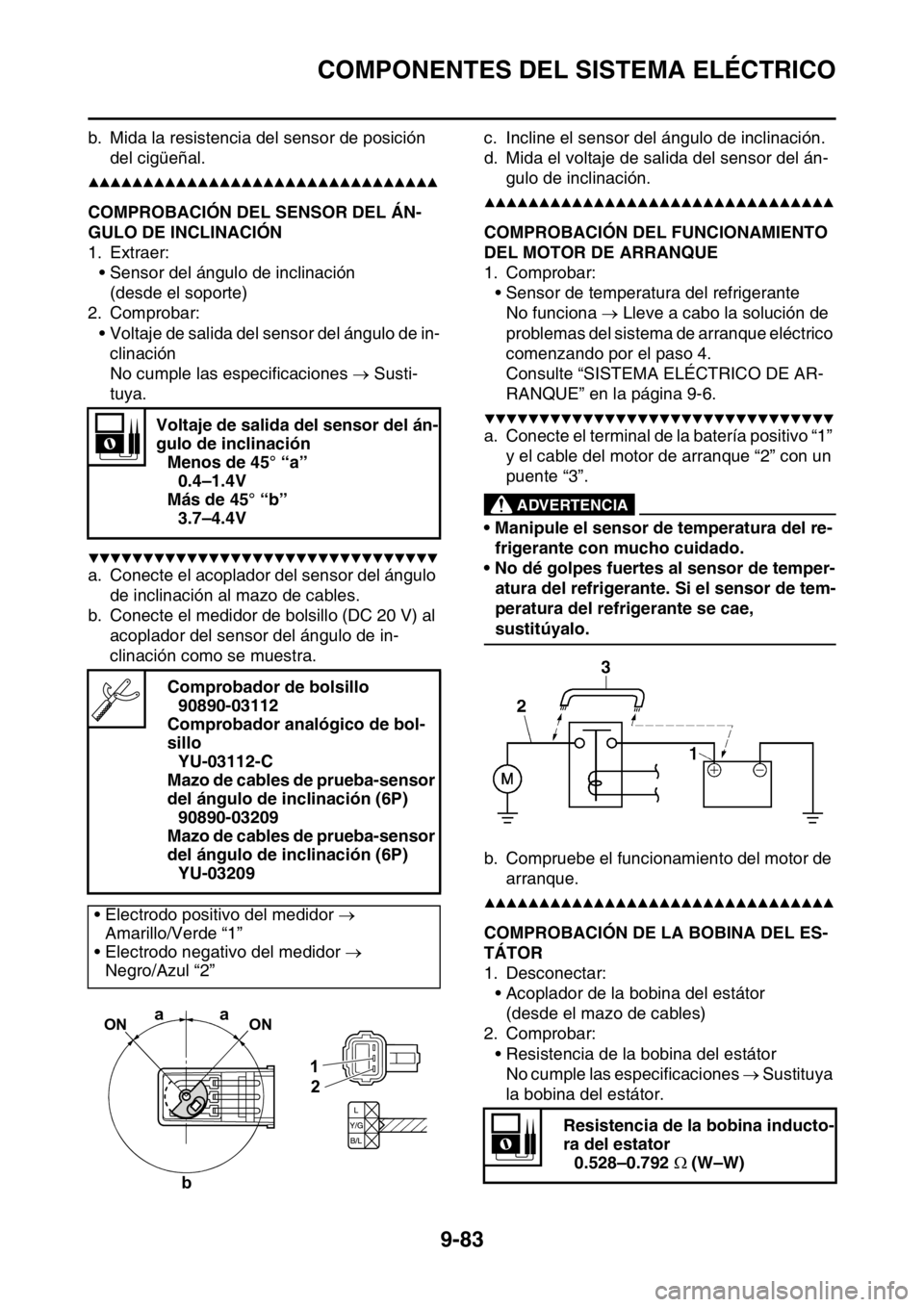 YAMAHA WR 250F 2016 Manuale de Empleo (in Spanish) COMPONENTES DEL SISTEMA ELÉCTRICO
9-83
b. Mida la resistencia del sensor de posición
del cigüeñal.
▲▲▲▲▲▲▲▲▲▲▲▲▲▲▲▲▲▲▲▲▲▲▲▲▲▲▲▲▲▲▲▲ YAMAHA WR 250F 2016 Manuale de Empleo (in Spanish) COMPONENTES DEL SISTEMA ELÉCTRICO
9-83
b. Mida la resistencia del sensor de posición
del cigüeñal.
▲▲▲▲▲▲▲▲▲▲▲▲▲▲▲▲▲▲▲▲▲▲▲▲▲▲▲▲▲▲▲▲
