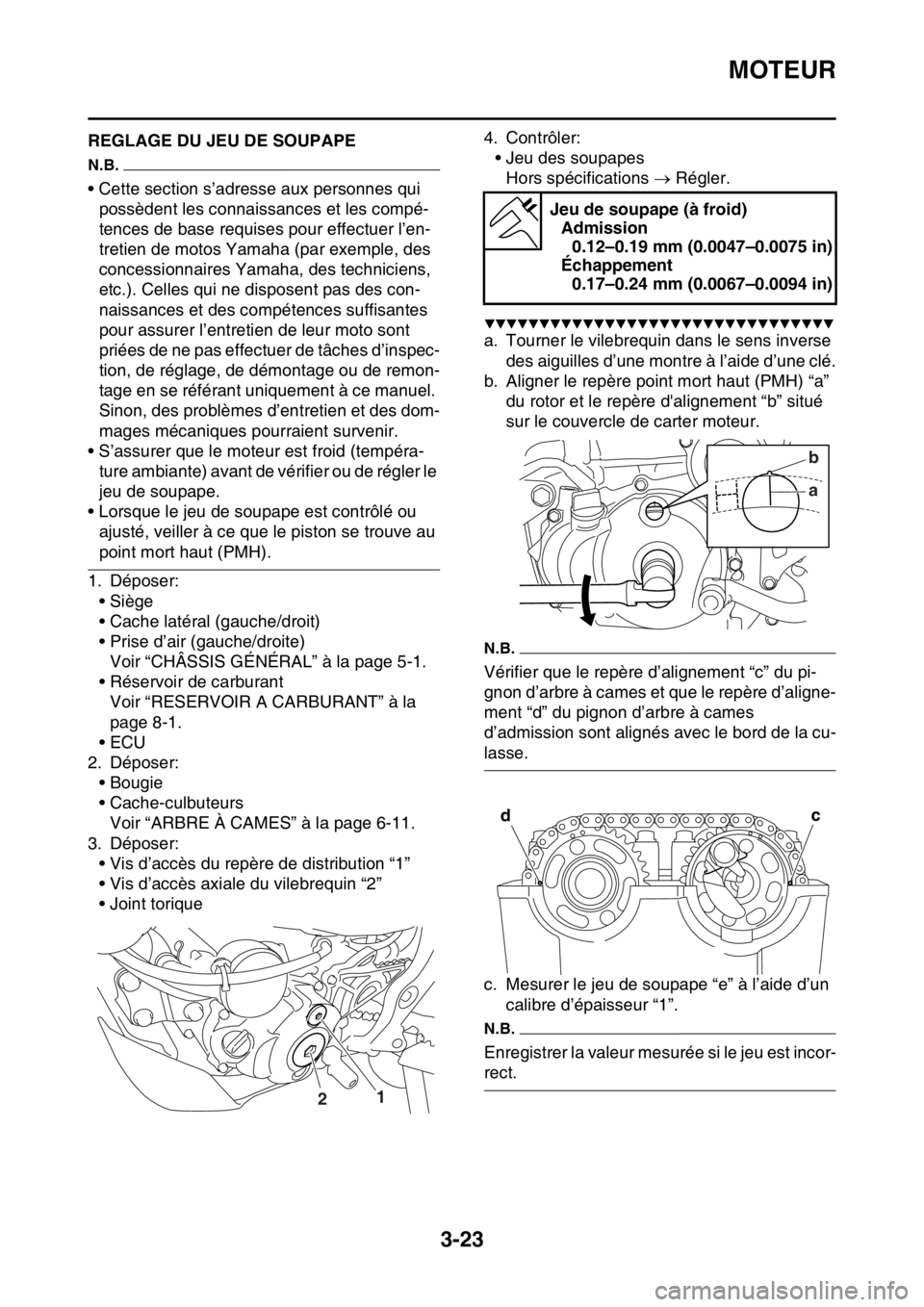 YAMAHA WR 250F 2016 Notices Demploi (in French) MOTEUR
3-23
FAS2GB2101REGLAGE DU JEU DE SOUPAPE
N.B.
• Cette section s’adresse aux personnes qui
possèdent les connaissances et les compé-
tences de base requises pour effectuer l’en-
tretien YAMAHA WR 250F 2016 Notices Demploi (in French) MOTEUR
3-23
FAS2GB2101REGLAGE DU JEU DE SOUPAPE
N.B.
• Cette section s’adresse aux personnes qui
possèdent les connaissances et les compé-
tences de base requises pour effectuer l’en-
tretien