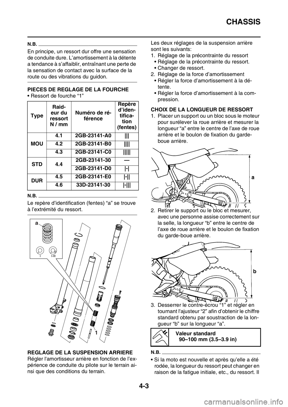 YAMAHA WR 250F 2016 Notices Demploi (in French) CHASSIS
4-3
N.B.
En principe, un ressort dur offre une sensation
de conduite dure. L’amortissement à la détente
a tendance à s’affaiblir, entraînant une perte de
la sensation de contact ave YAMAHA WR 250F 2016 Notices Demploi (in French) CHASSIS
4-3
N.B.
En principe, un ressort dur offre une sensation
de conduite dure. L’amortissement à la détente
a tendance à s’affaiblir, entraînant une perte de
la sensation de contact ave
