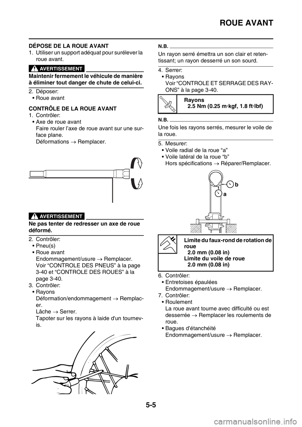 YAMAHA WR 250F 2016 Notices Demploi (in French) ROUE AVANT
5-5
FAS2GB2157DÉPOSE DE LA ROUE AVANT
1. Utiliser un support adéquat pour surélever la
roue avant.
EWA
AVERTISSEMENT
Maintenir fermement le véhicule de manière
à éliminer tout dang YAMAHA WR 250F 2016 Notices Demploi (in French) ROUE AVANT
5-5
FAS2GB2157DÉPOSE DE LA ROUE AVANT
1. Utiliser un support adéquat pour surélever la
roue avant.
EWA
AVERTISSEMENT
Maintenir fermement le véhicule de manière
à éliminer tout dang