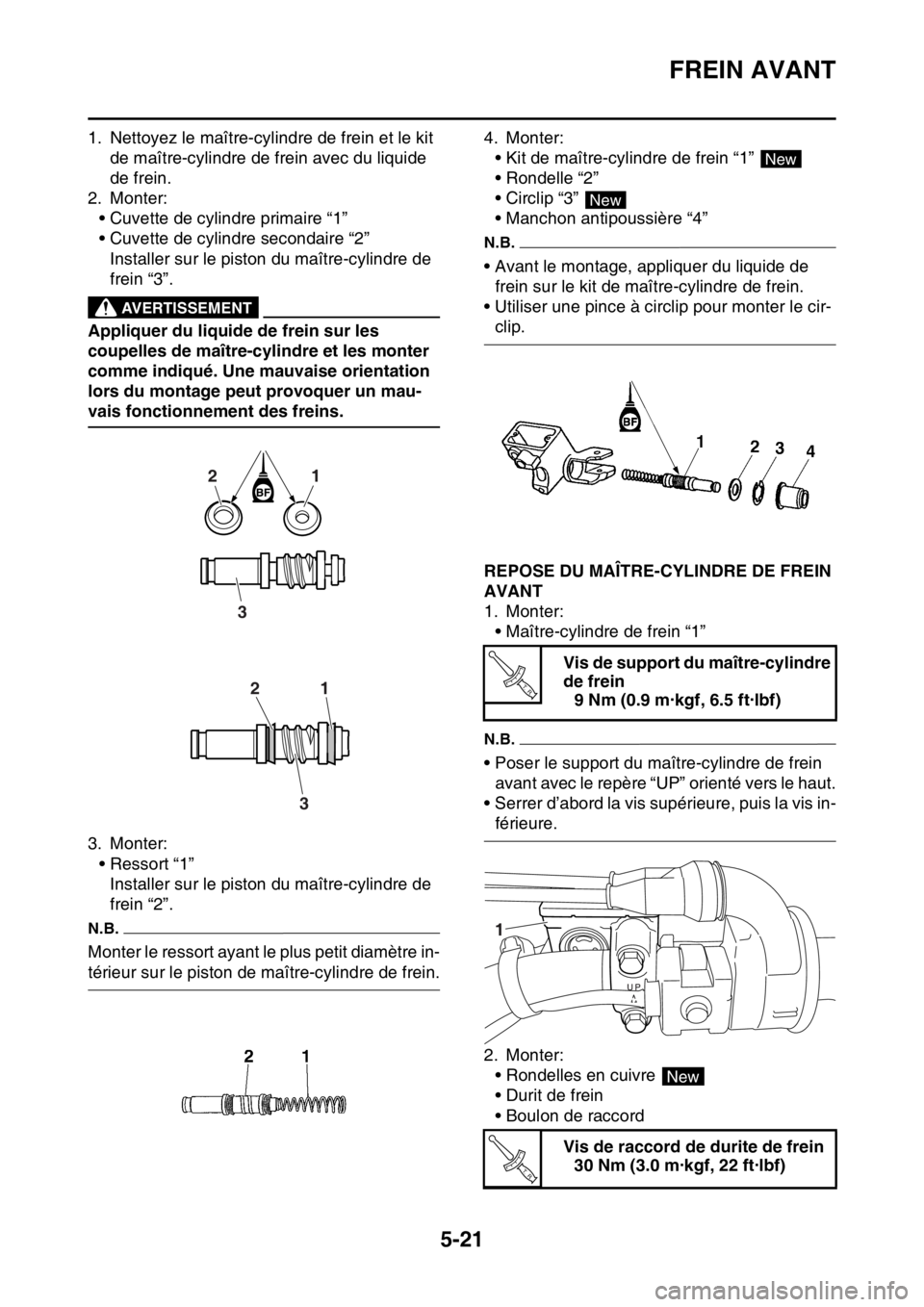 YAMAHA WR 250F 2016 Notices Demploi (in French) FREIN AVANT
5-21
1. Nettoyez le maître-cylindre de frein et le kit
de maître-cylindre de frein avec du liquide
de frein.
2. Monter:
• Cuvette de cylindre primaire “1”
• Cuvette de cylindre YAMAHA WR 250F 2016 Notices Demploi (in French) FREIN AVANT
5-21
1. Nettoyez le maître-cylindre de frein et le kit
de maître-cylindre de frein avec du liquide
de frein.
2. Monter:
• Cuvette de cylindre primaire “1”
• Cuvette de cylindre