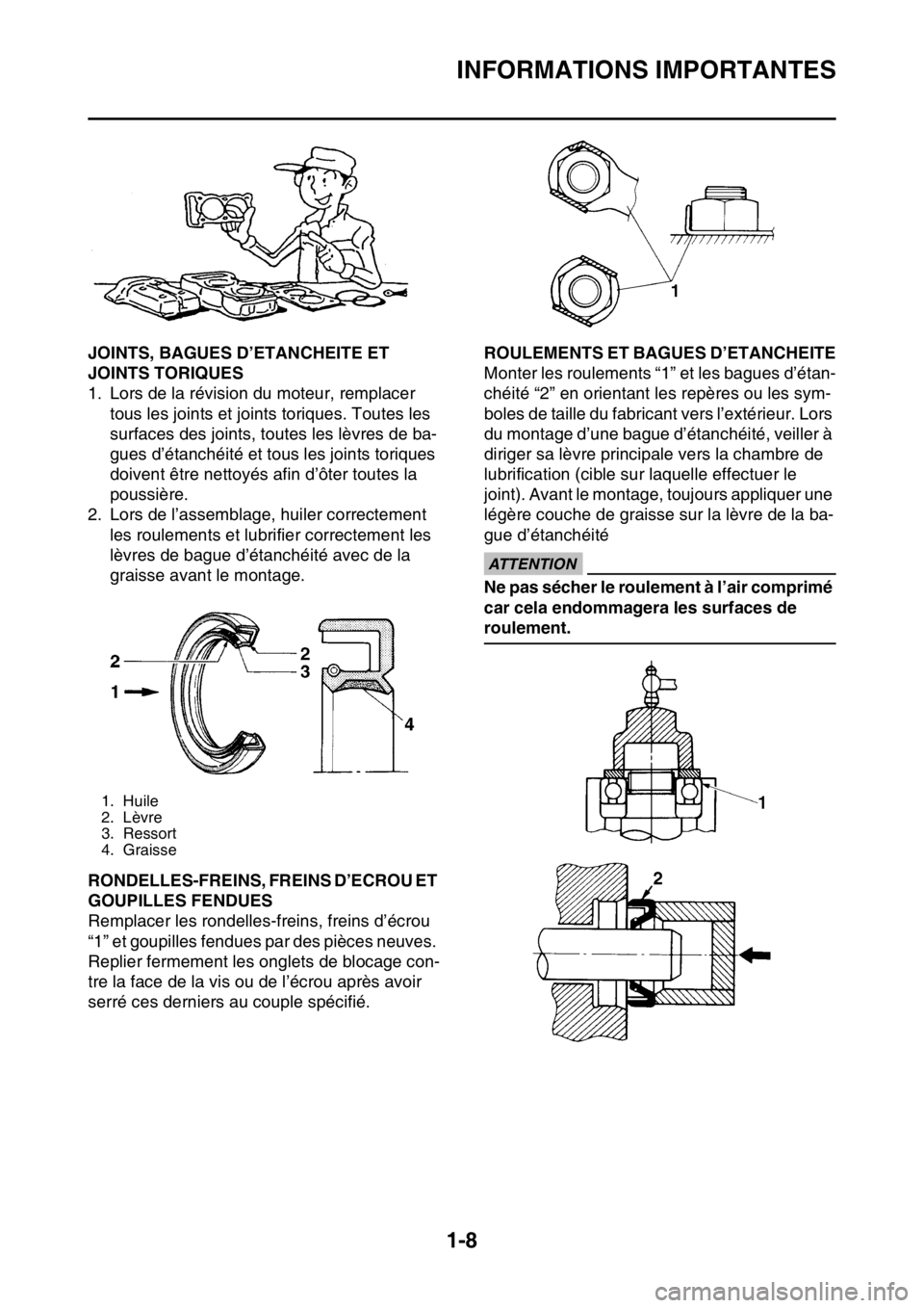 YAMAHA WR 250F 2016  Notices Demploi (in French) INFORMATIONS IMPORTANTES
1-8
FAS2GB2024JOINTS, BAGUES D’ETANCHEITE ET 
JOINTS TORIQUES
1. Lors de la révision du moteur, remplacer 
tous les joints et joints toriques. Toutes les 
surfaces des join