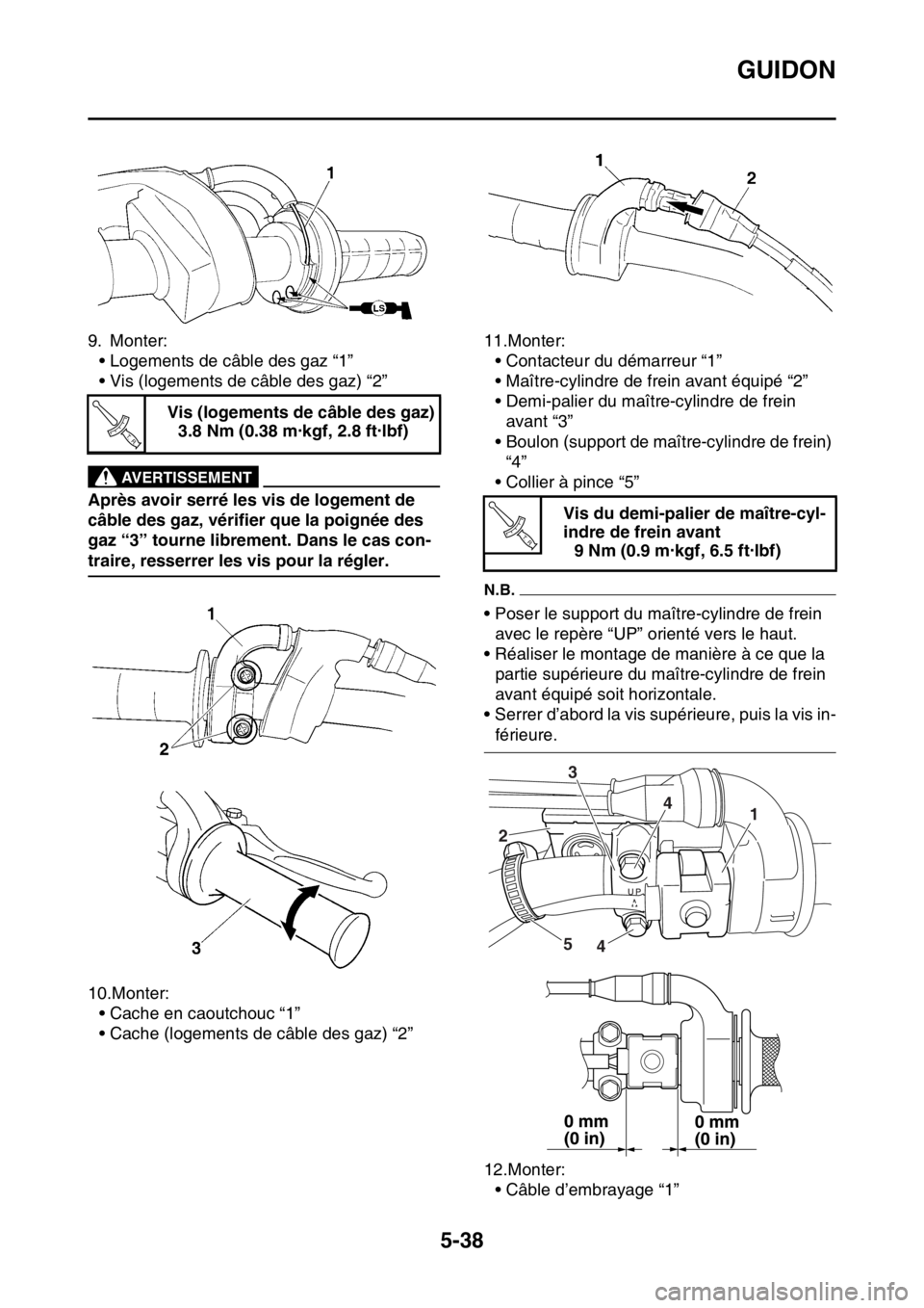 YAMAHA WR 250F 2016 Notices Demploi (in French) GUIDON
5-38
9. Monter:
• Logements de câble des gaz “1”
• Vis (logements de câble des gaz) “2”
EWA
AVERTISSEMENT
Après avoir serré les vis de logement de
câble des gaz, vérifier que YAMAHA WR 250F 2016 Notices Demploi (in French) GUIDON
5-38
9. Monter:
• Logements de câble des gaz “1”
• Vis (logements de câble des gaz) “2”
EWA
AVERTISSEMENT
Après avoir serré les vis de logement de
câble des gaz, vérifier que