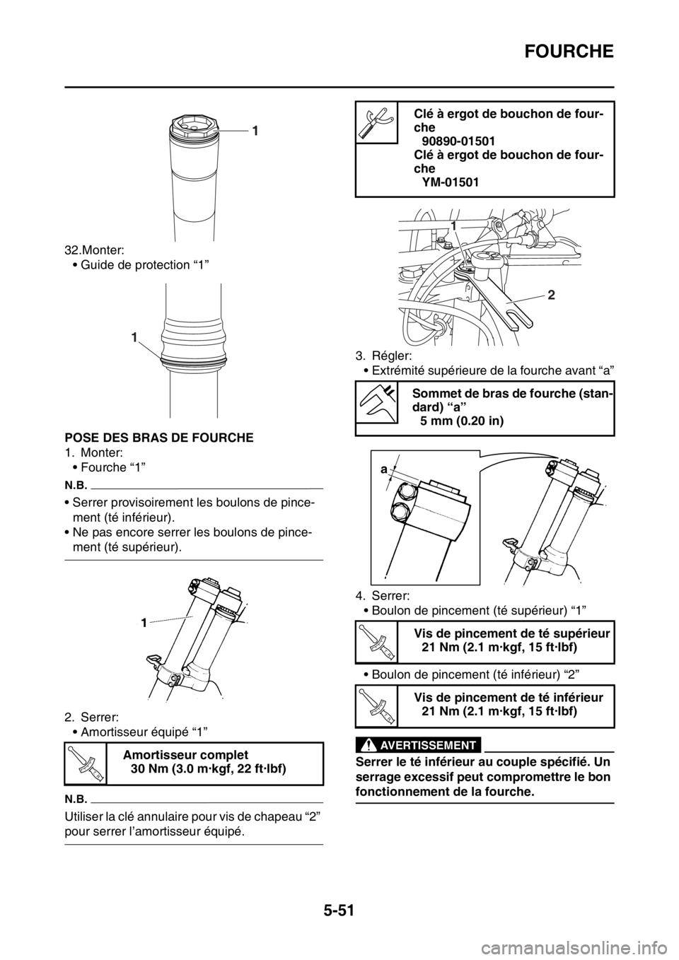 YAMAHA WR 250F 2016 Notices Demploi (in French) FOURCHE
5-51
32.Monter:
• Guide de protection “1”
FAS2GB2204POSE DES BRAS DE FOURCHE
1. Monter:
• Fourche “1”
N.B.
• Serrer provisoirement les boulons de pince-
ment (té inférieur).
YAMAHA WR 250F 2016 Notices Demploi (in French) FOURCHE
5-51
32.Monter:
• Guide de protection “1”
FAS2GB2204POSE DES BRAS DE FOURCHE
1. Monter:
• Fourche “1”
N.B.
• Serrer provisoirement les boulons de pince-
ment (té inférieur).