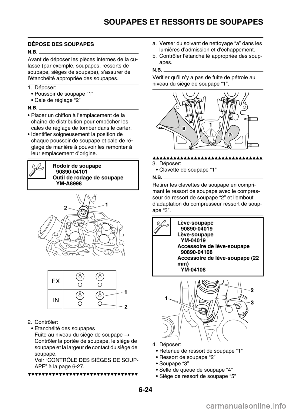 YAMAHA WR 250F 2016 Notices Demploi (in French) SOUPAPES ET RESSORTS DE SOUPAPES
6-24
FAS2GB2252DÉPOSE DES SOUPAPES
N.B.
Avant de déposer les pièces internes de la cu-
lasse (par exemple, soupapes, ressorts de
soupape, sièges de soupape), s’ YAMAHA WR 250F 2016 Notices Demploi (in French) SOUPAPES ET RESSORTS DE SOUPAPES
6-24
FAS2GB2252DÉPOSE DES SOUPAPES
N.B.
Avant de déposer les pièces internes de la cu-
lasse (par exemple, soupapes, ressorts de
soupape, sièges de soupape), s’