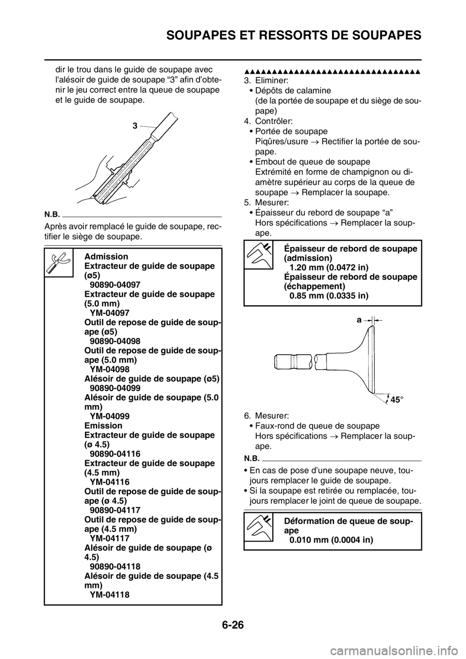 YAMAHA WR 250F 2016 Notices Demploi (in French) SOUPAPES ET RESSORTS DE SOUPAPES
6-26
dir le trou dans le guide de soupape avec
lalésoir de guide de soupape “3” afin d’obte-
nir le jeu correct entre la queue de soupape
et le guide de soup YAMAHA WR 250F 2016 Notices Demploi (in French) SOUPAPES ET RESSORTS DE SOUPAPES
6-26
dir le trou dans le guide de soupape avec
lalésoir de guide de soupape “3” afin d’obte-
nir le jeu correct entre la queue de soupape
et le guide de soup