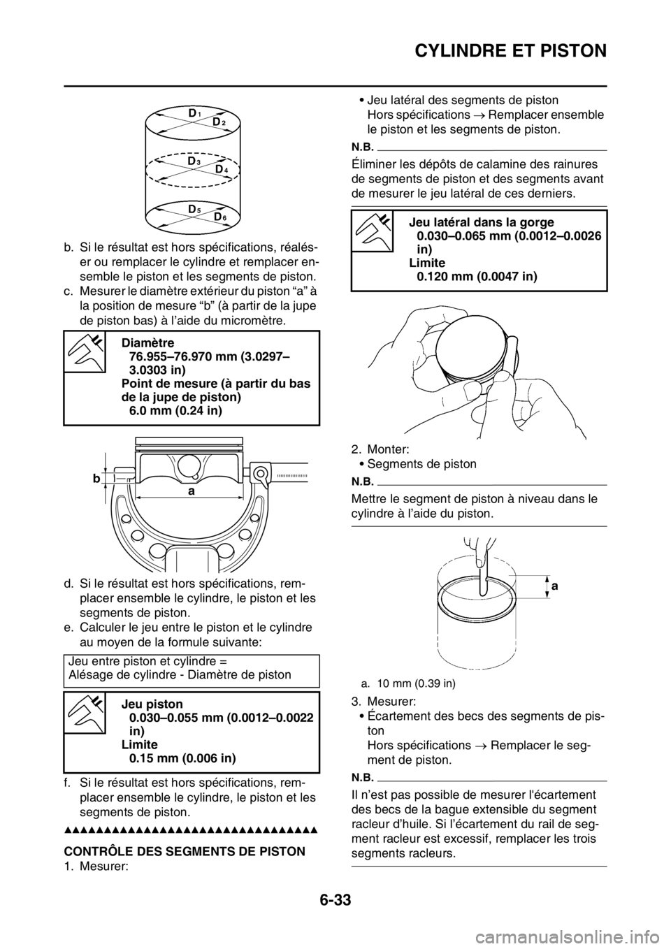 YAMAHA WR 250F 2016 Notices Demploi (in French) CYLINDRE ET PISTON
6-33
b. Si le résultat est hors spécifications, réalés-
er ou remplacer le cylindre et remplacer en-
semble le piston et les segments de piston.
c. Mesurer le diamètre extérie YAMAHA WR 250F 2016 Notices Demploi (in French) CYLINDRE ET PISTON
6-33
b. Si le résultat est hors spécifications, réalés-
er ou remplacer le cylindre et remplacer en-
semble le piston et les segments de piston.
c. Mesurer le diamètre extérie