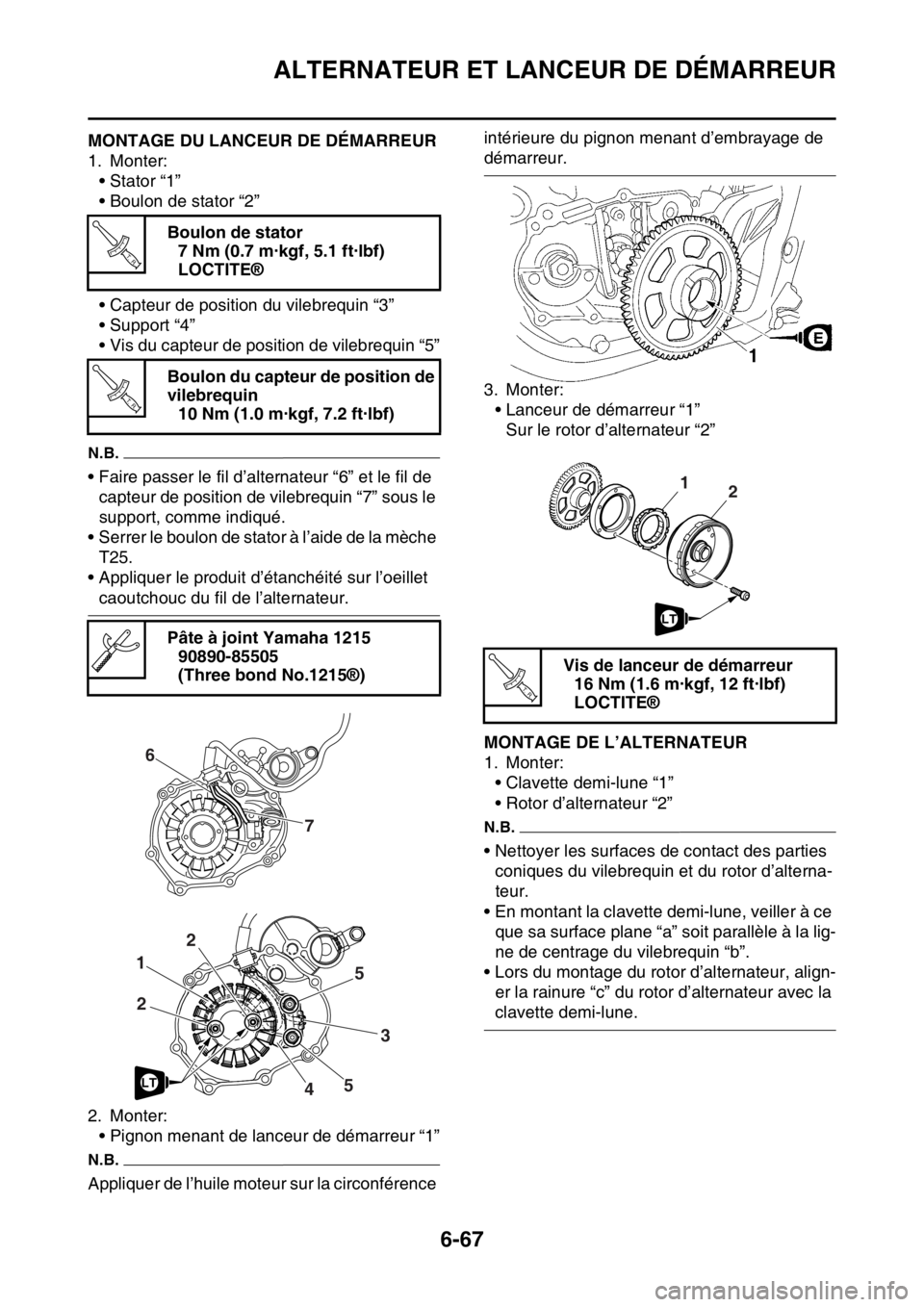 YAMAHA WR 250F 2016 Notices Demploi (in French) ALTERNATEUR ET LANCEUR DE DÉMARREUR
6-67
FAS2GB2310MONTAGE DU LANCEUR DE DÉMARREUR
1. Monter:
• Stator “1”
• Boulon de stator “2”
• Capteur de position du vilebrequin “3”
• Suppo YAMAHA WR 250F 2016 Notices Demploi (in French) ALTERNATEUR ET LANCEUR DE DÉMARREUR
6-67
FAS2GB2310MONTAGE DU LANCEUR DE DÉMARREUR
1. Monter:
• Stator “1”
• Boulon de stator “2”
• Capteur de position du vilebrequin “3”
• Suppo
