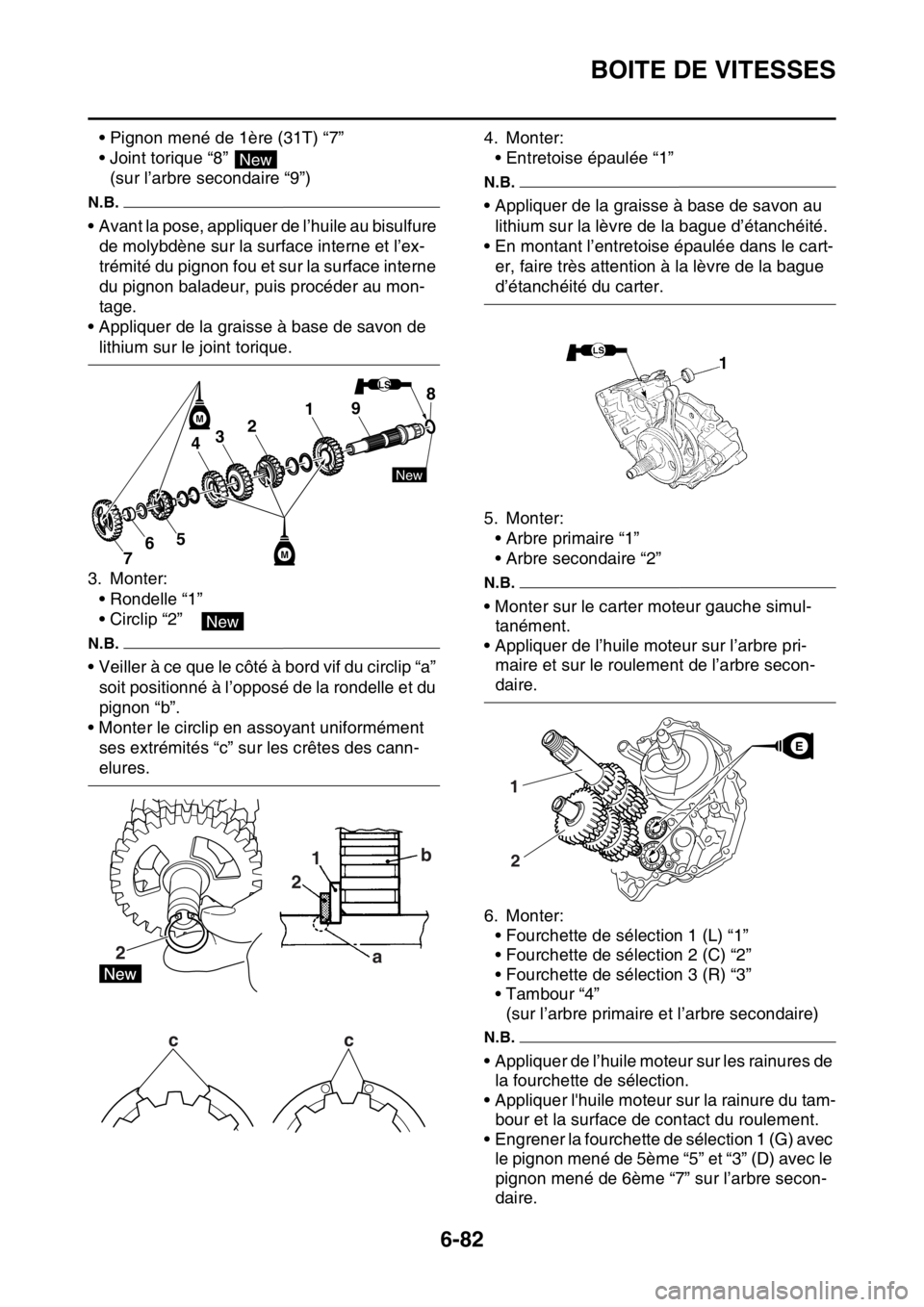 YAMAHA WR 250F 2016  Notices Demploi (in French) BOITE DE VITESSES
6-82
• Pignon mené de 1ère (31T) “7”
• Joint torique “8” 
(sur l’arbre secondaire “9”)
N.B.
• Avant la pose, appliquer de l’huile au bisulfure 
de molybdène 