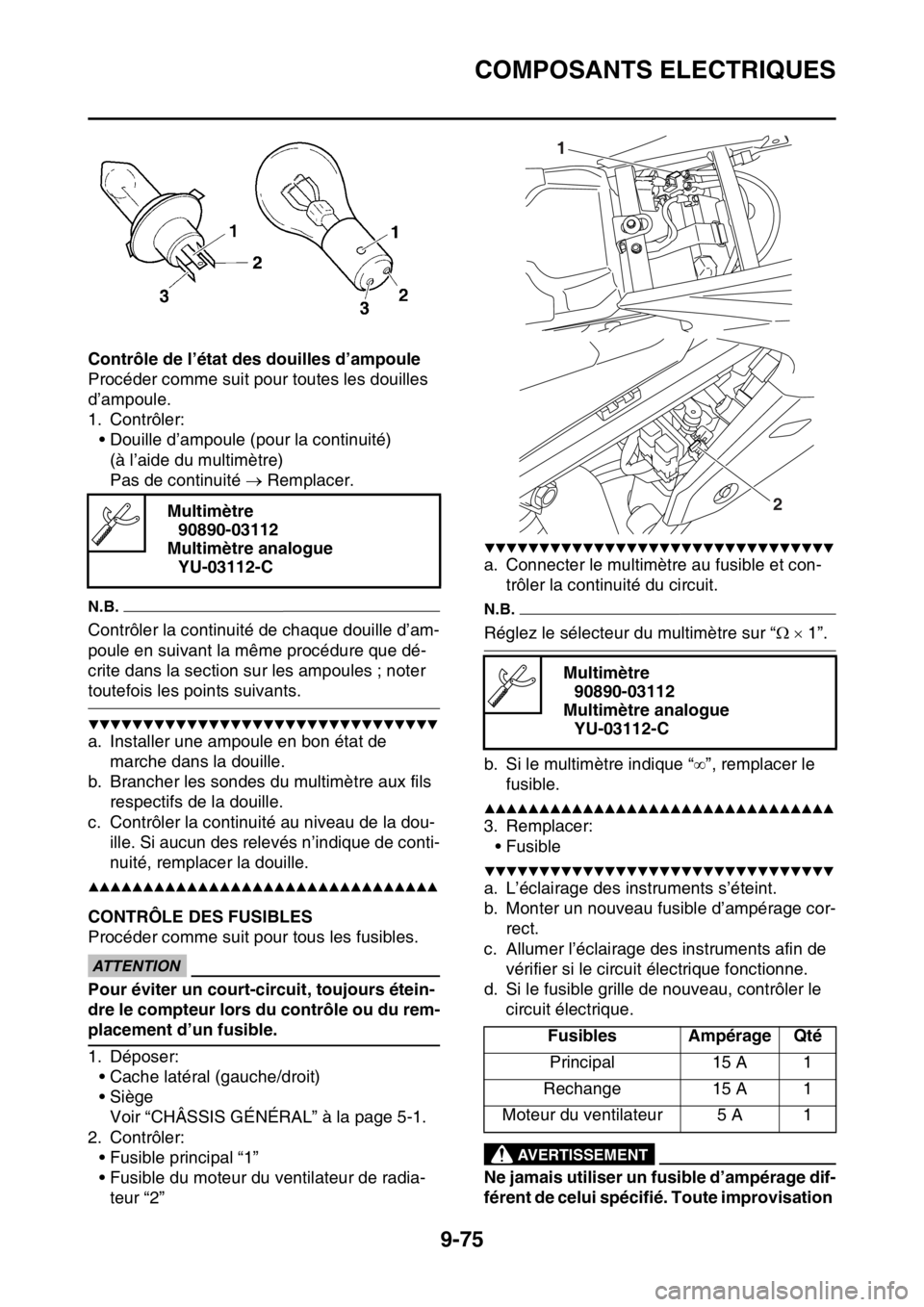 YAMAHA WR 250F 2016 Notices Demploi (in French) COMPOSANTS ELECTRIQUES
9-75
Contrôle de l’état des douilles d’ampoule
Procéder comme suit pour toutes les douilles
d’ampoule.
1. Contrôler:
• Douille d’ampoule (pour la continuité)
(à YAMAHA WR 250F 2016 Notices Demploi (in French) COMPOSANTS ELECTRIQUES
9-75
Contrôle de l’état des douilles d’ampoule
Procéder comme suit pour toutes les douilles
d’ampoule.
1. Contrôler:
• Douille d’ampoule (pour la continuité)
(à