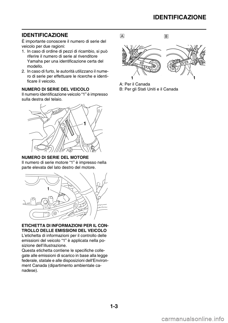 YAMAHA WR 250F 2016 Manuale duso (in Italian) IDENTIFICAZIONE
1-3
HAS2GB3010
IDENTIFICAZIONE
È importante conoscere il numero di serie del
veicolo per due ragioni:
1. In caso di ordine di pezzi di ricambio, si può
riferire il numero di serie YAMAHA WR 250F 2016 Manuale duso (in Italian) IDENTIFICAZIONE
1-3
HAS2GB3010
IDENTIFICAZIONE
È importante conoscere il numero di serie del
veicolo per due ragioni:
1. In caso di ordine di pezzi di ricambio, si può
riferire il numero di serie