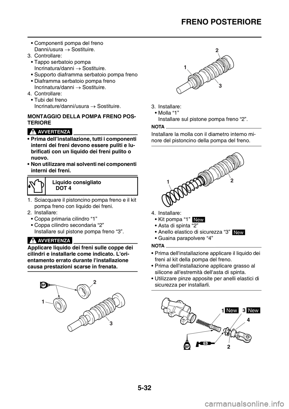 YAMAHA WR 250F 2016 Manuale duso (in Italian) FRENO POSTERIORE
5-32
• Componenti pompa del freno
Danni/usura Sostituire.
3. Controllare:
• Tappo serbatoio pompa
Incrinatura/danni Sostituire.
• Supporto diaframma serbatoio pompa fren YAMAHA WR 250F 2016 Manuale duso (in Italian) FRENO POSTERIORE
5-32
• Componenti pompa del freno
Danni/usura Sostituire.
3. Controllare:
• Tappo serbatoio pompa
Incrinatura/danni Sostituire.
• Supporto diaframma serbatoio pompa fren