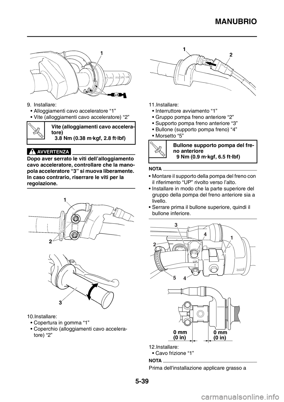 YAMAHA WR 250F 2016 Manuale duso (in Italian) MANUBRIO
5-39
9. Installare:
• Alloggiamenti cavo acceleratore “1”
• Vite (alloggiamenti cavo acceleratore) “2”
EWA
AVVERTENZA
Dopo aver serrato le viti dell’alloggiamento
cavo accelera YAMAHA WR 250F 2016 Manuale duso (in Italian) MANUBRIO
5-39
9. Installare:
• Alloggiamenti cavo acceleratore “1”
• Vite (alloggiamenti cavo acceleratore) “2”
EWA
AVVERTENZA
Dopo aver serrato le viti dell’alloggiamento
cavo accelera