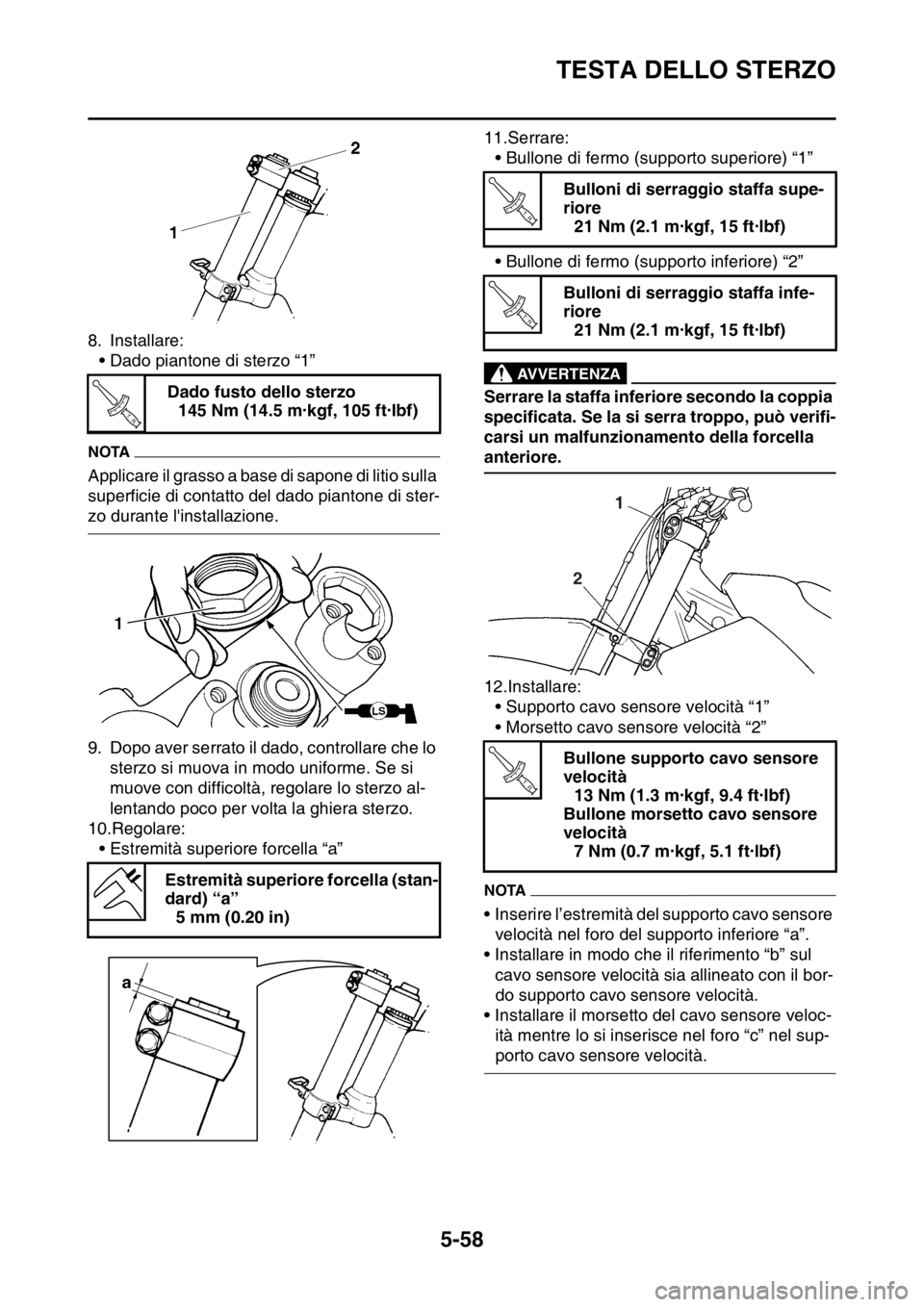YAMAHA WR 250F 2016 Manuale duso (in Italian) TESTA DELLO STERZO
5-58
8. Installare:
• Dado piantone di sterzo “1”
NOTA
Applicare il grasso a base di sapone di litio sulla
superficie di contatto del dado piantone di ster-
zo durante linst YAMAHA WR 250F 2016 Manuale duso (in Italian) TESTA DELLO STERZO
5-58
8. Installare:
• Dado piantone di sterzo “1”
NOTA
Applicare il grasso a base di sapone di litio sulla
superficie di contatto del dado piantone di ster-
zo durante linst