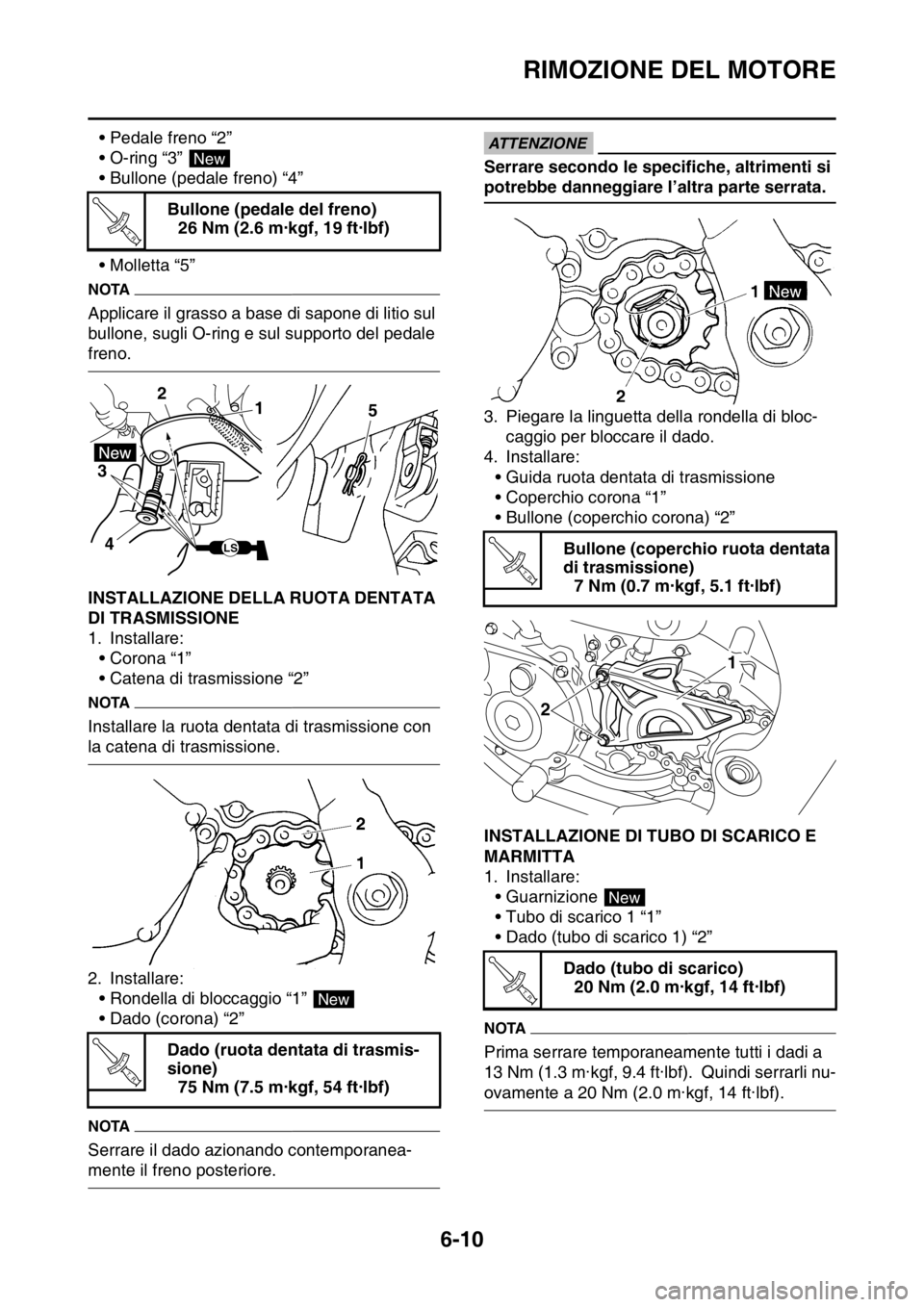 YAMAHA WR 250F 2016 Manuale duso (in Italian) RIMOZIONE DEL MOTORE
6-10
• Pedale freno “2”
• O-ring “3”
• Bullone (pedale freno) “4”
• Molletta “5”
NOTA
Applicare il grasso a base di sapone di litio sul
bullone, sugli O- YAMAHA WR 250F 2016 Manuale duso (in Italian) RIMOZIONE DEL MOTORE
6-10
• Pedale freno “2”
• O-ring “3”
• Bullone (pedale freno) “4”
• Molletta “5”
NOTA
Applicare il grasso a base di sapone di litio sul
bullone, sugli O-