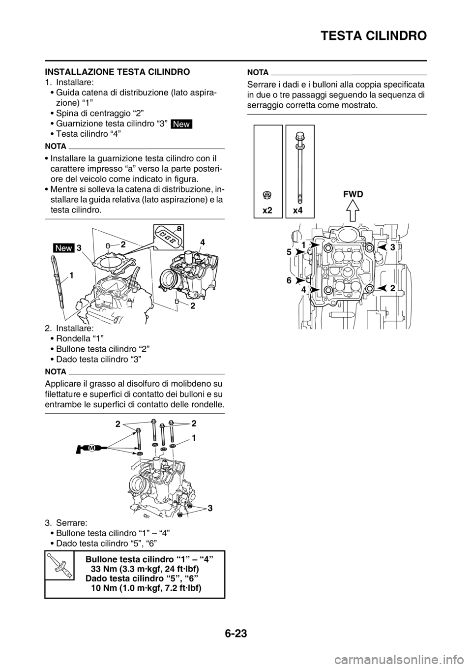 YAMAHA WR 250F 2016 Manuale duso (in Italian) TESTA CILINDRO
6-23
HAS2GB3250INSTALLAZIONE TESTA CILINDRO
1. Installare:
• Guida catena di distribuzione (lato aspira-
zione) “1”
• Spina di centraggio “2”
• Guarnizione testa cilindro YAMAHA WR 250F 2016 Manuale duso (in Italian) TESTA CILINDRO
6-23
HAS2GB3250INSTALLAZIONE TESTA CILINDRO
1. Installare:
• Guida catena di distribuzione (lato aspira-
zione) “1”
• Spina di centraggio “2”
• Guarnizione testa cilindro