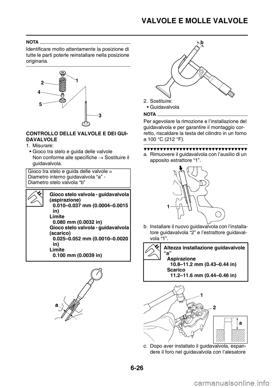 YAMAHA WR 250F 2016 Manuale duso (in Italian) VALVOLE E MOLLE VALVOLE
6-26
NOTA
Identificare molto attentamente la posizione di
tutte le parti poterle reinstallare nella posizione
originaria.
HAS2GB3253CONTROLLO DELLE VALVOLE E DEI GUI-
DAVALVO YAMAHA WR 250F 2016 Manuale duso (in Italian) VALVOLE E MOLLE VALVOLE
6-26
NOTA
Identificare molto attentamente la posizione di
tutte le parti poterle reinstallare nella posizione
originaria.
HAS2GB3253CONTROLLO DELLE VALVOLE E DEI GUI-
DAVALVO