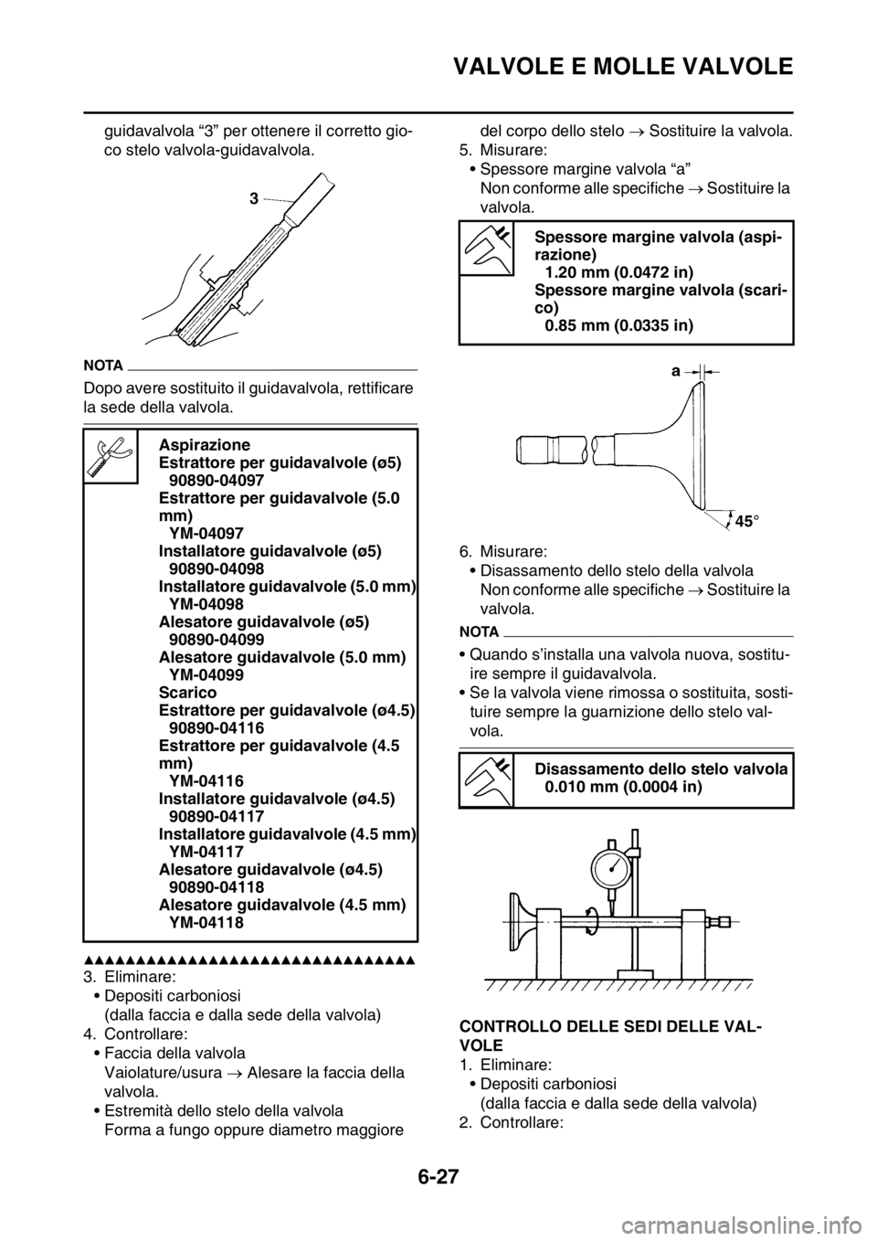 YAMAHA WR 250F 2016 Manuale duso (in Italian) VALVOLE E MOLLE VALVOLE
6-27
guidavalvola “3” per ottenere il corretto gio-
co stelo valvola-guidavalvola.
NOTA
Dopo avere sostituito il guidavalvola, rettificare
la sede della valvola.
▲▲▲ YAMAHA WR 250F 2016 Manuale duso (in Italian) VALVOLE E MOLLE VALVOLE
6-27
guidavalvola “3” per ottenere il corretto gio-
co stelo valvola-guidavalvola.
NOTA
Dopo avere sostituito il guidavalvola, rettificare
la sede della valvola.
▲▲▲