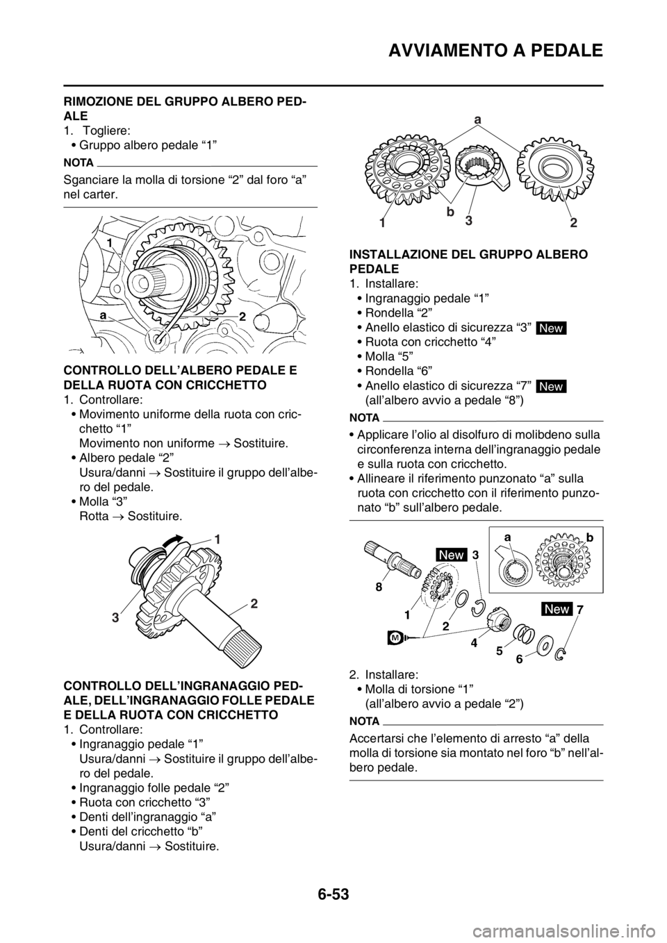 YAMAHA WR 250F 2016 Manuale duso (in Italian) AVVIAMENTO A PEDALE
6-53
HAS2GB3284RIMOZIONE DEL GRUPPO ALBERO PED-
ALE
1. Togliere:
• Gruppo albero pedale “1”
NOTA
Sganciare la molla di torsione “2” dal foro “a”
nel carter.
HAS2GB3 YAMAHA WR 250F 2016 Manuale duso (in Italian) AVVIAMENTO A PEDALE
6-53
HAS2GB3284RIMOZIONE DEL GRUPPO ALBERO PED-
ALE
1. Togliere:
• Gruppo albero pedale “1”
NOTA
Sganciare la molla di torsione “2” dal foro “a”
nel carter.
HAS2GB3
