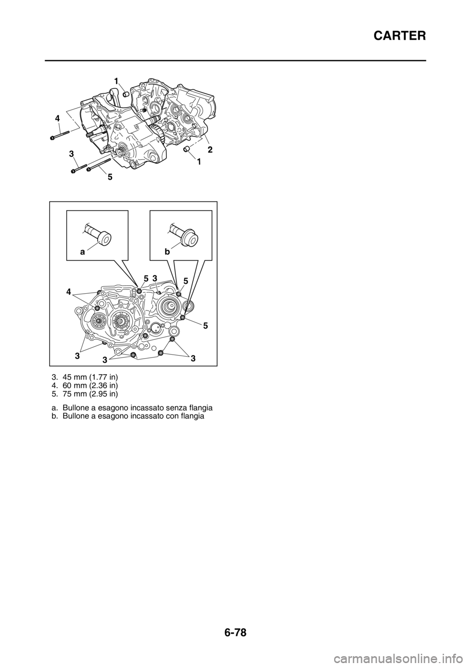 YAMAHA WR 250F 2016 Manuale duso (in Italian) CARTER
6-78
3. 45 mm (1.77 in)
4. 60 mm (2.36 in)
5. 75 mm (2.95 in)
a. Bullone a esagono incassato senza flangia
b. Bullone a esagono incassato con flangia
4
5
3
43
335 5 5
3
ab1
1
2 YAMAHA WR 250F 2016 Manuale duso (in Italian) CARTER
6-78
3. 45 mm (1.77 in)
4. 60 mm (2.36 in)
5. 75 mm (2.95 in)
a. Bullone a esagono incassato senza flangia
b. Bullone a esagono incassato con flangia
4
5
3
43
335 5 5
3
ab1
1
2
